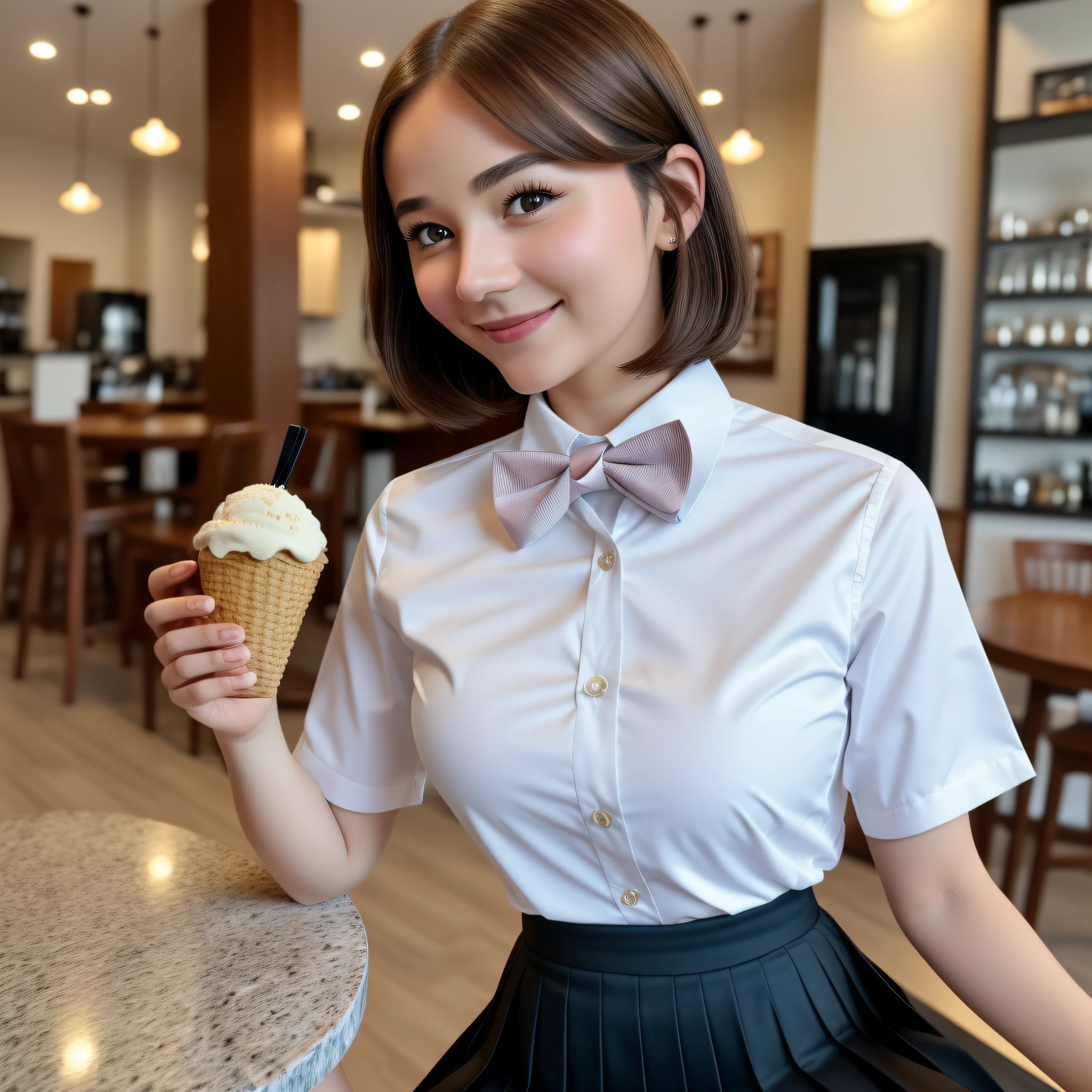 1 girl, (8k, RAW photo, best quality, masterpiece: 1.2), (realistic, photo-realistic: 1.37), ultra-detailed, beautiful, solo, beautiful detailed sky, detailed coffee, night, sitting, (flushed nose), (smile: 1.1), medium breasts, beautiful detailed eyes, long brown hair, (collared shirt: 1.1), bow tie, pleated skirt, (short hair: 1.2), long hair, taking big ice cream,