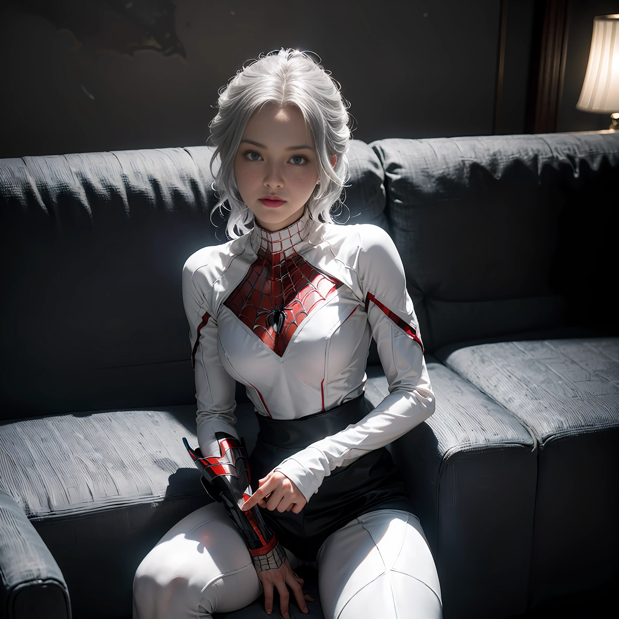 (Extreme Detail CG Unity 8K wallpaper, masterpiece, highest quality), (Exquisite lighting and shadow, highly dramatic picture, Cinematic lens effect), a girl in a white Spider-Man costume, silver gray hair color, from the Spider-Man parallel universe, Wenger, Marvel, Spider-Man, sitting on the couch, dynamic pose), (excellent detail, excellent lighting, wide angle), (excellent rendering, enough to stand out in its class), focus on white Spider-Man costumes, complex spider textures