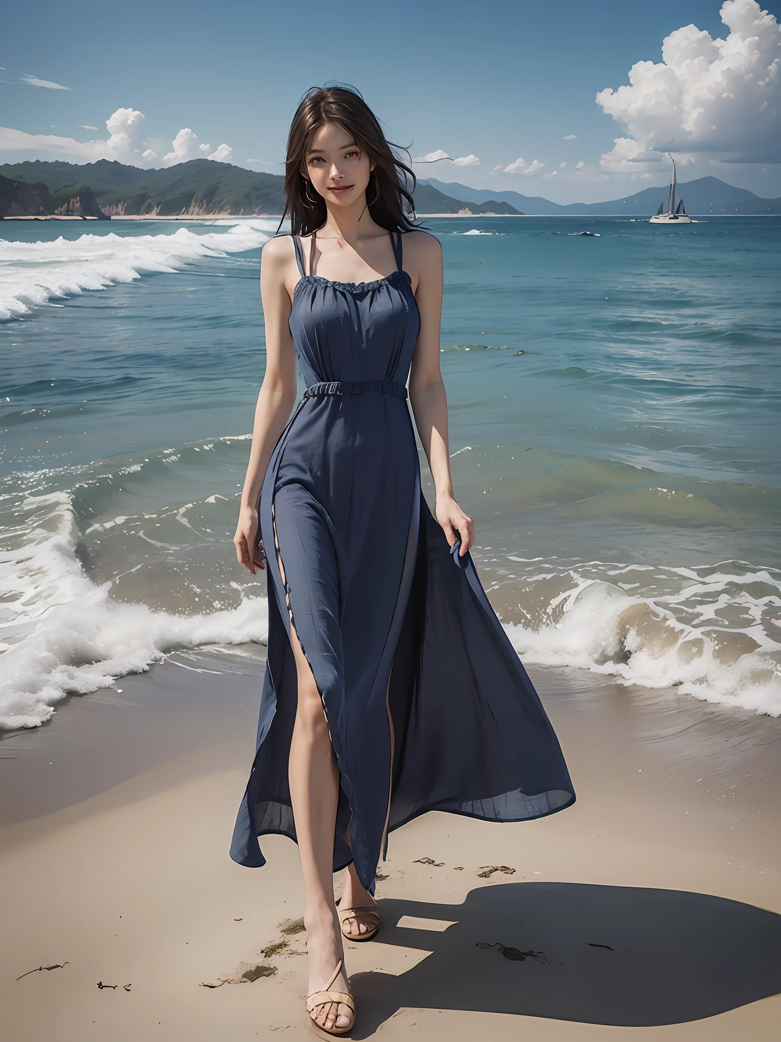 Best quality,masterpiece, ultra high res, (photorealistic:1.4), raw photo,(slender legs),(beautiful hands),1girl,solo,standing,((maxi dress:1.5)),in the dark, deep shadow,(jimmy choo), (floating colorful wind:1) ,(full body),Perfect eyes, perfect face, Beach, sea, smile,low key, Slim figure, ((golden ratio figure)), ((perfect long legs))
