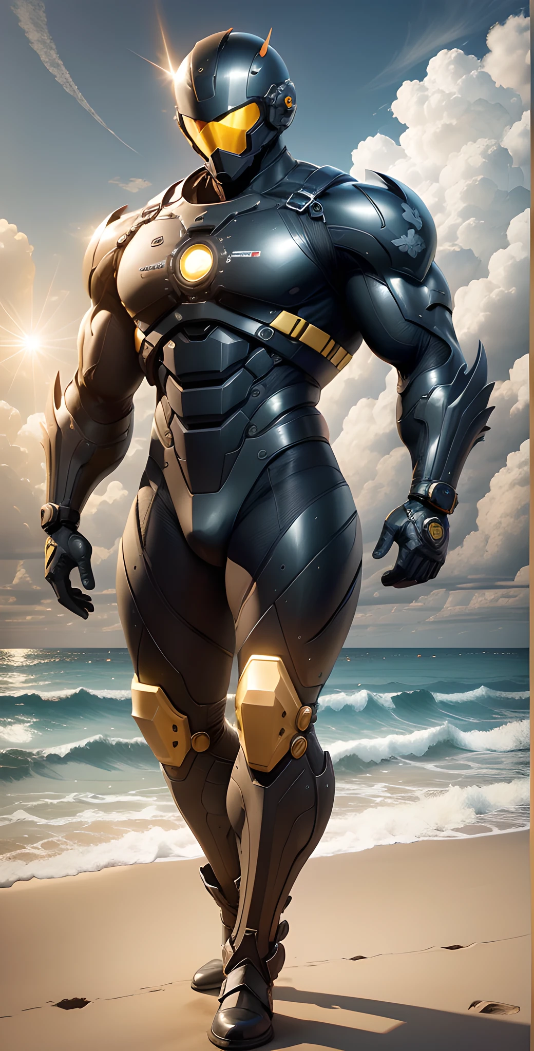 Man in yellow and black clothes standing on the sunny beach, muscular man, American round inch, Buzz cut, muscular! Wearing a cool mechanical helmet, round head Buzz Cut, stealth suit, symmetrical floral texture design, optimal picture quality and resolution, character design special forces, black military boots, attractive strong men and armor, weaving sunlight through the clouds