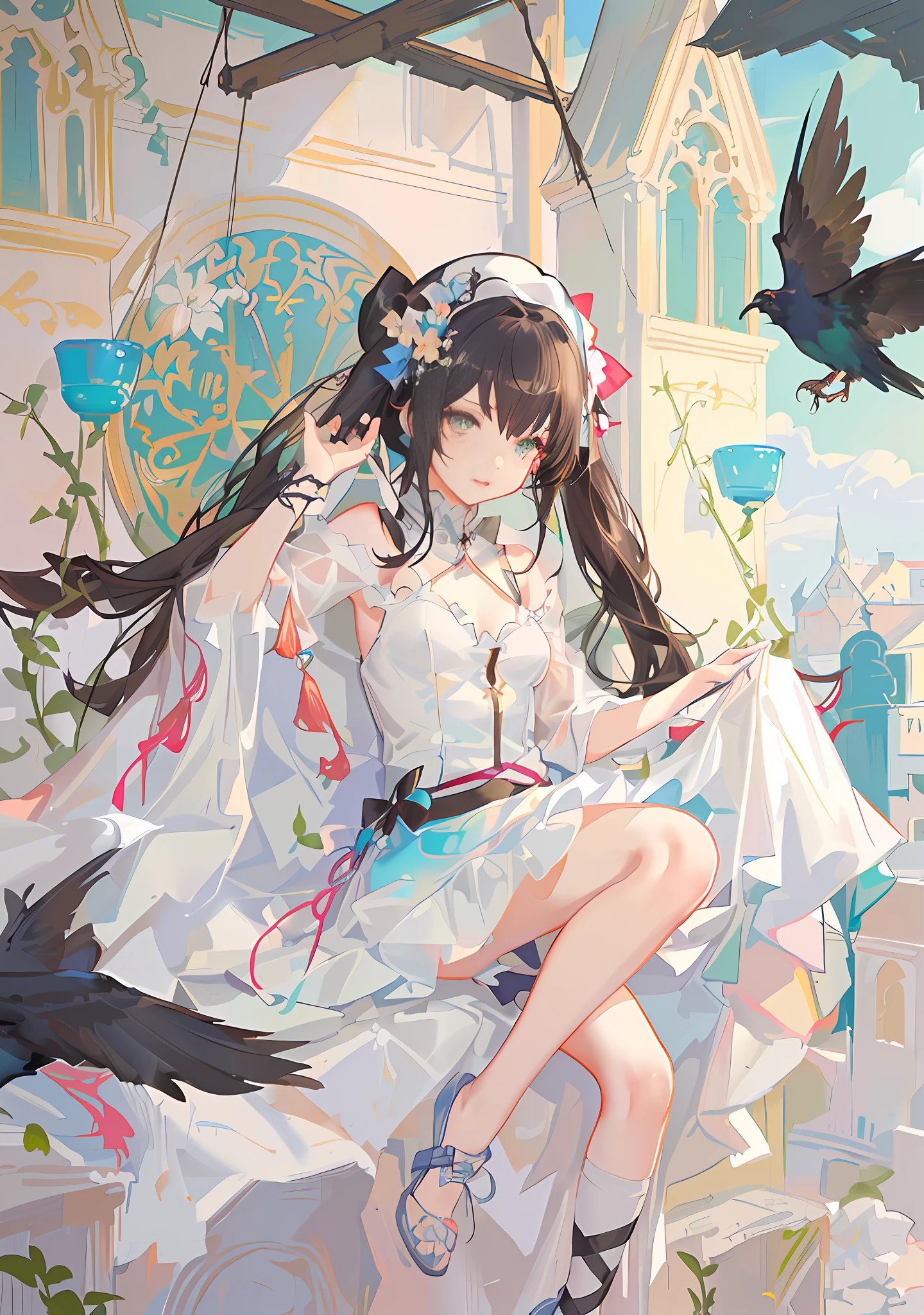 anime girl sitting on a chair with a bird flying around her, guweiz on pixiv artstation, guweiz on artstation pixiv, kawacy, artwork in the style of guweiz, trending on artstation pixiv, guweiz, digital art on pixiv, loli in dress, pixiv contest winner