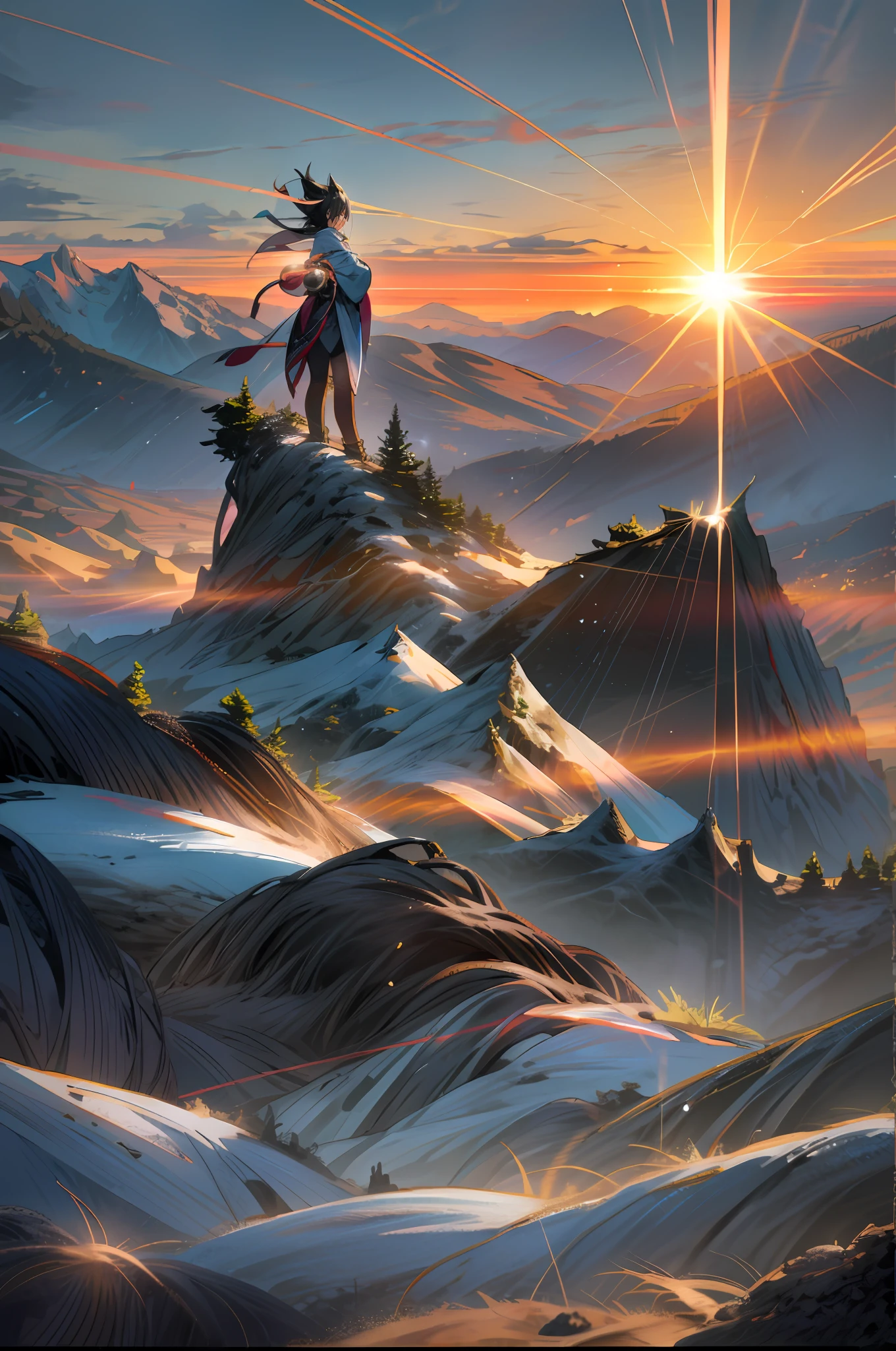 Girl side face, close-up, backlight, rising sun, mountain and forest environment, high detail, high resolution