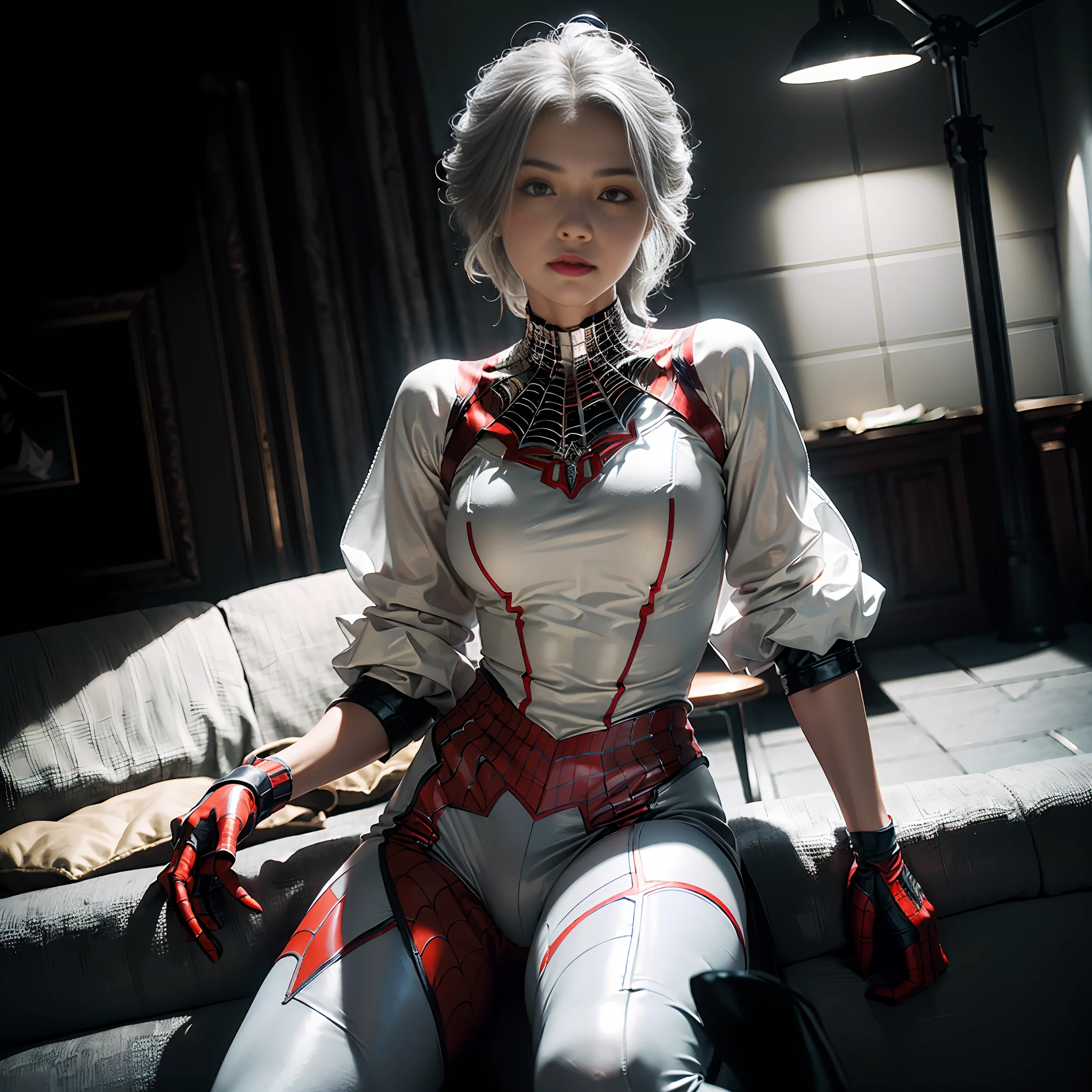 (Extreme Detail CG Unity 8K wallpaper, masterpiece, highest quality), (Exquisite lighting and shadow, highly dramatic picture, Cinematic lens effect), a girl in a white Spider-Man costume, silver gray hair color, from the Spider-Man parallel universe, Wenger, Marvel, Spider-Man, sitting on the couch, dynamic pose), (excellent detail, excellent lighting, wide angle), (excellent rendering, enough to stand out in its class), focus on white Spider-Man costumes, complex spider textures