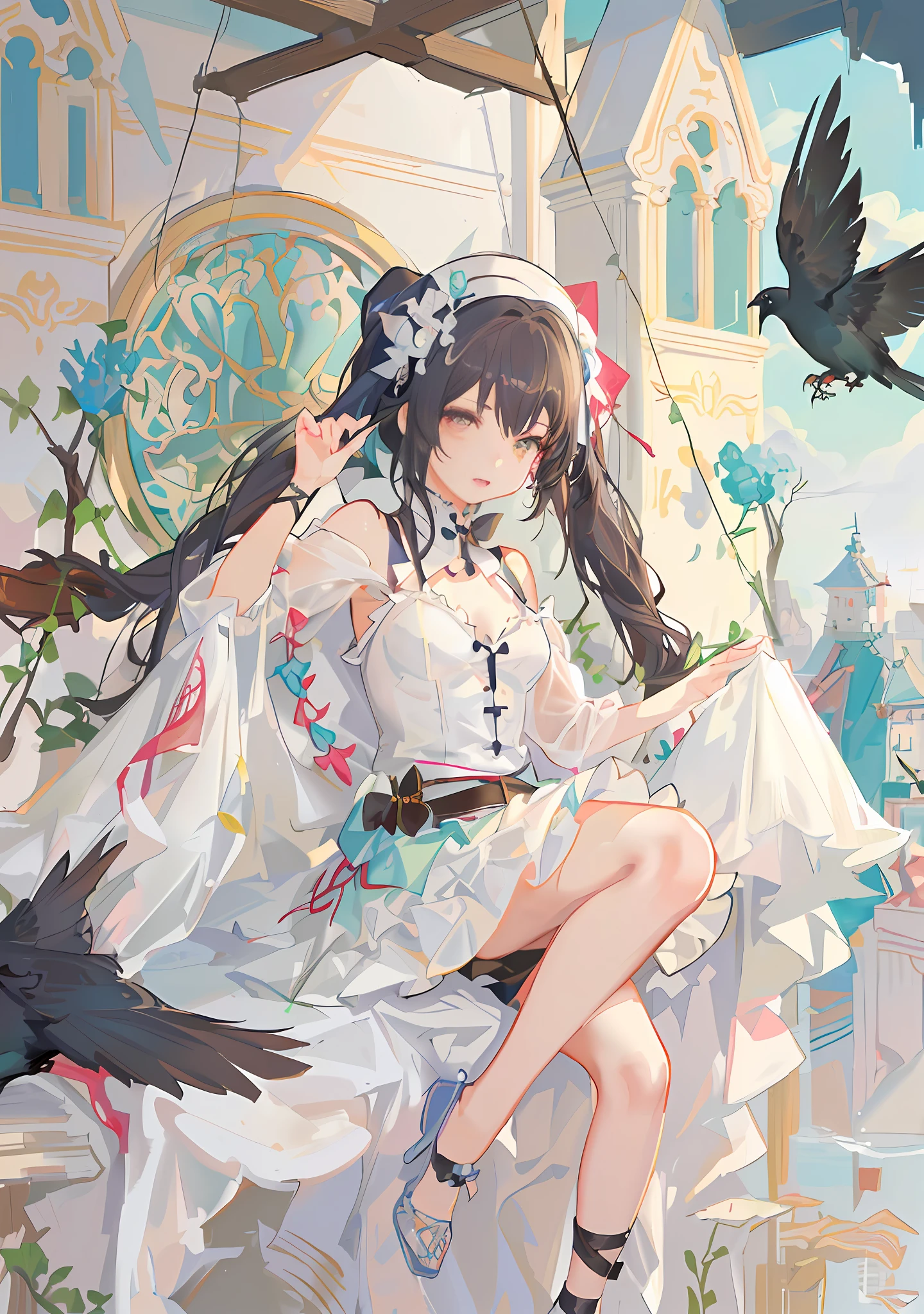 anime girl sitting on a chair with a bird flying around her, guweiz on pixiv artstation, guweiz on artstation pixiv, kawacy, artwork in the style of guweiz, trending on artstation pixiv, guweiz, digital art on pixiv, loli in dress, pixiv contest winner