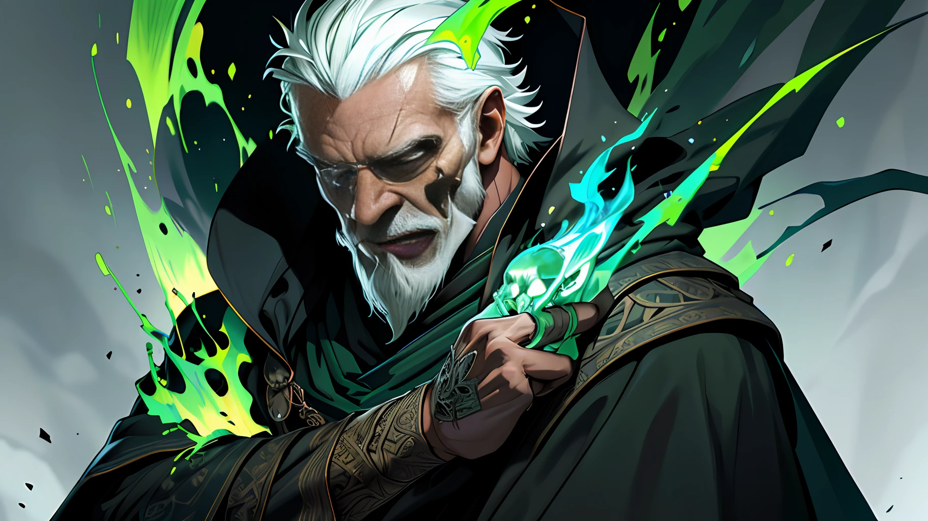 Best quality, masterpiece, ultra high res,detailed background,realistic,hadesstyle,solo,male,mature,bara,muscular,mature male,short hair,facial hair,wizard,necromancer,skull,green fire,horror \(theme\),dark fantasy,evil,cape,depth of field