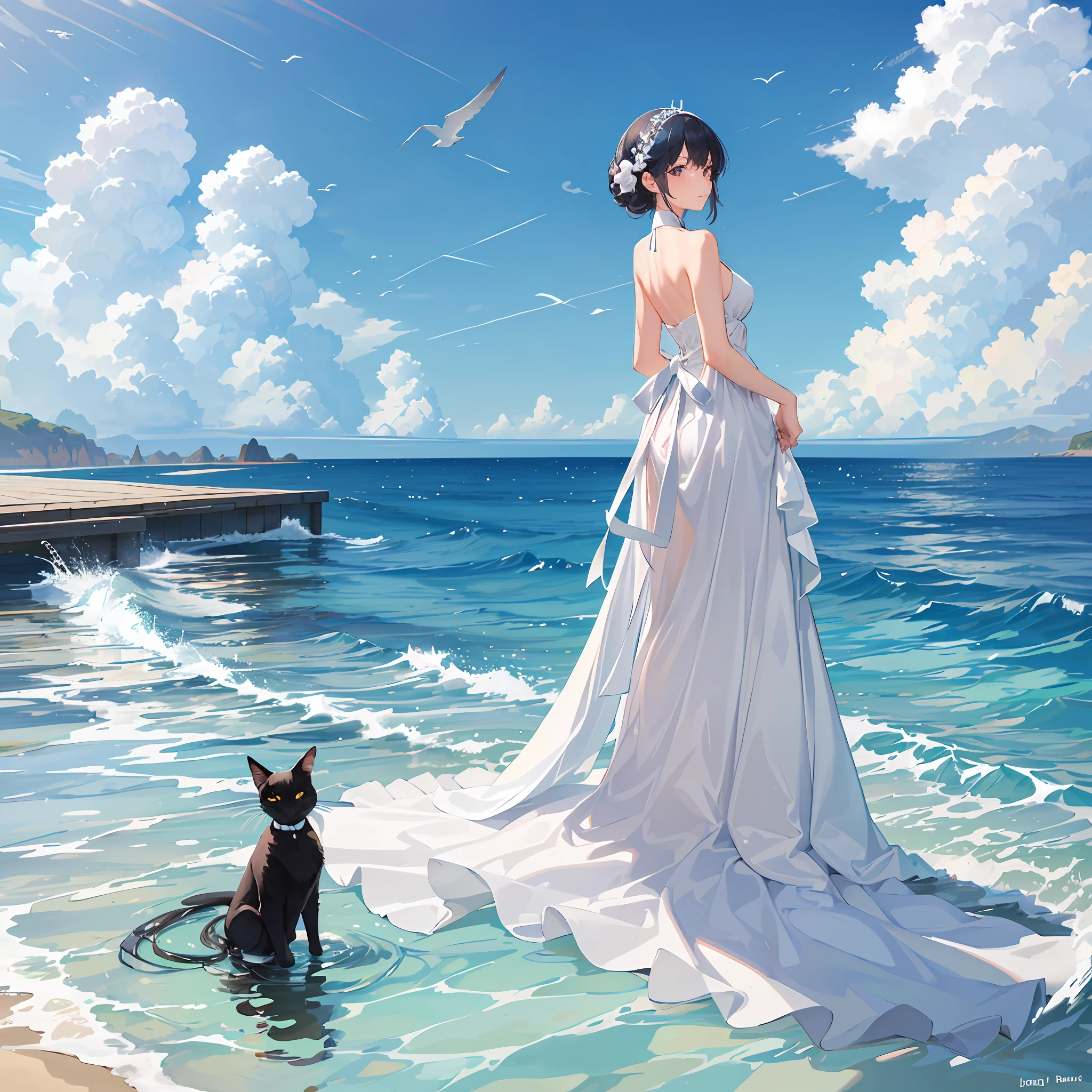 The girl's back, there is a girl in a white dress standing on the white sand, she has a ball head, a black cat sits next to her feet, in front of her is the blue sea, not far away there is a gorgeous wooden boat, at the end of the sea there is a rainbow, there are several seagulls flying in the sky, and large blue-white clouds are floating in the sky