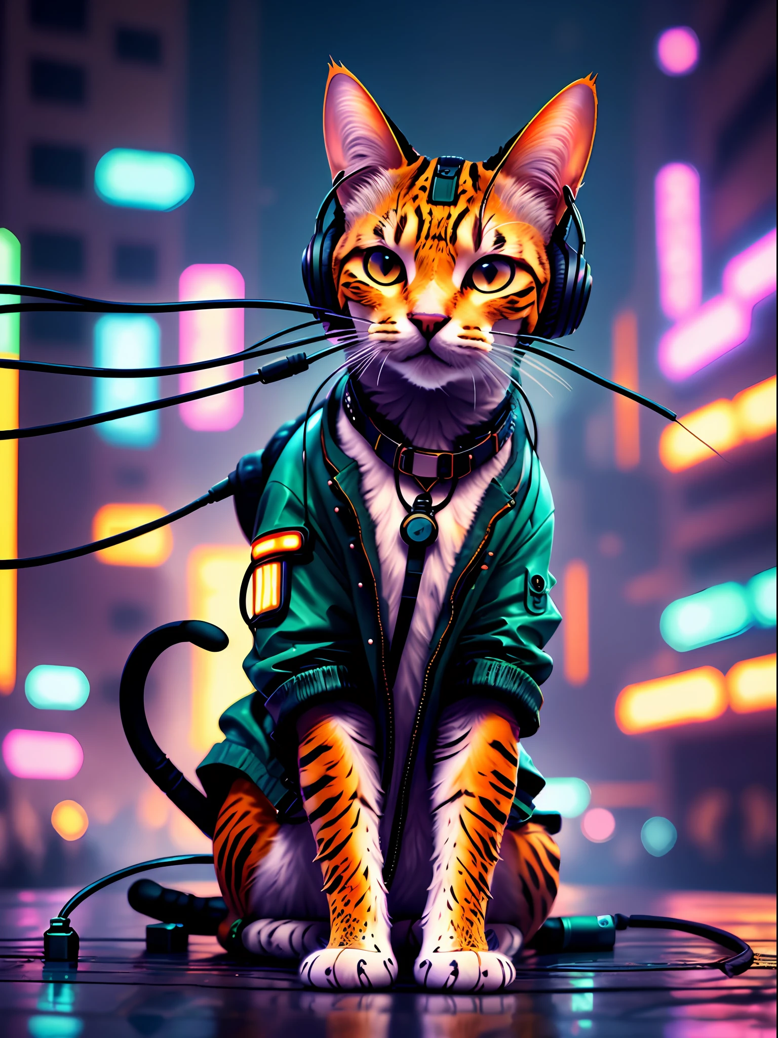 A cat with headphones and a jacket is sitting on a large lily leaf in a fountain. Cyberpunk and post-Soviet modernism  style themed. closeup view, neon lights., Pop art, Pixar, three sided view, UHD, anatomically correct, textured skin, super detail, high quality, 4K