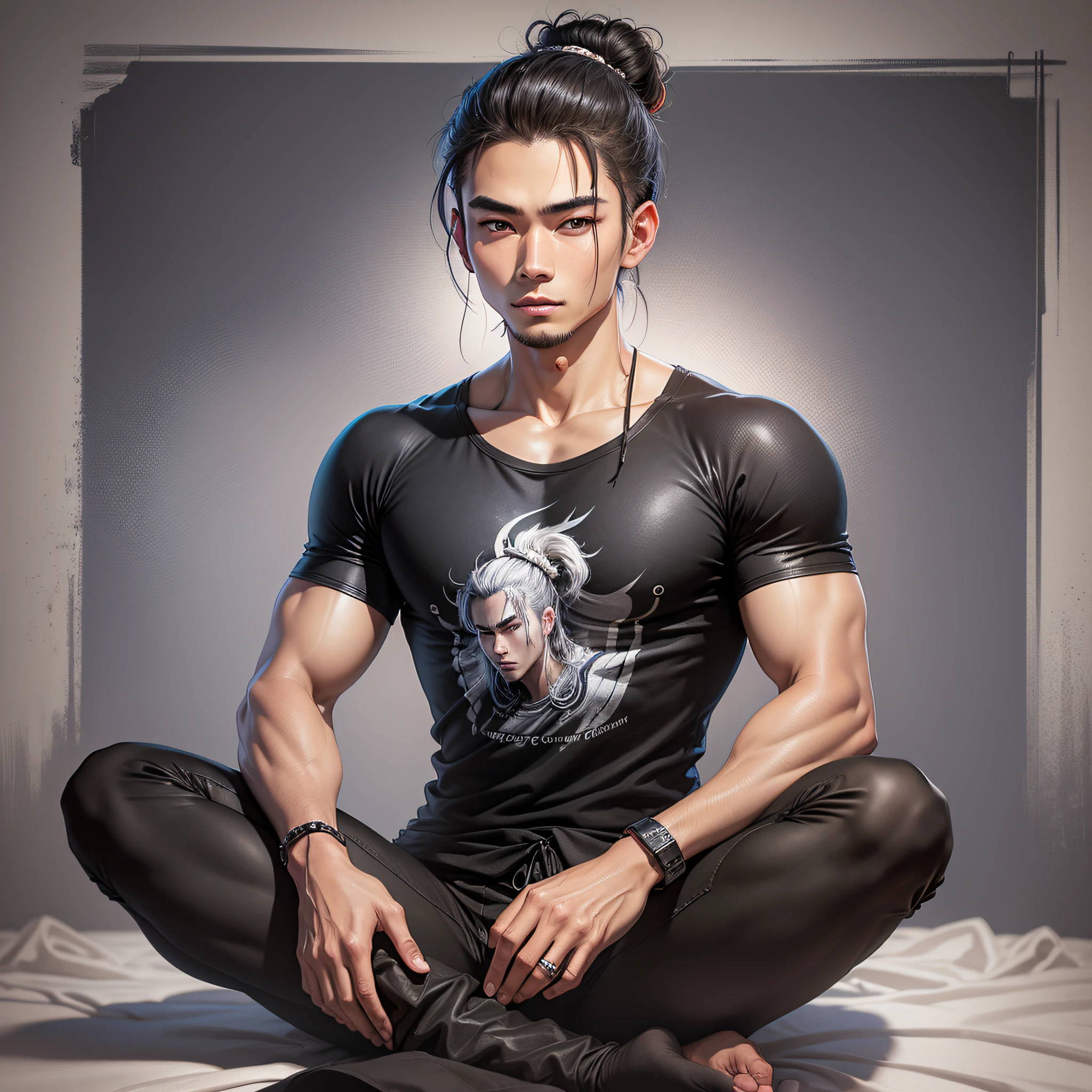 realistic image, young man, beautiful, Thai, with samurai style hair, with a bun on the top of his head, wears black T-shirt, wears black pants, SILVER eyes, detalista and realistic, beautiful, without a beard, wearing a blouse, farther from the camera and without a bard and with silver eyes and THIN, BEAUTIFUL, BEAUTIFUL, alone --auto --s2