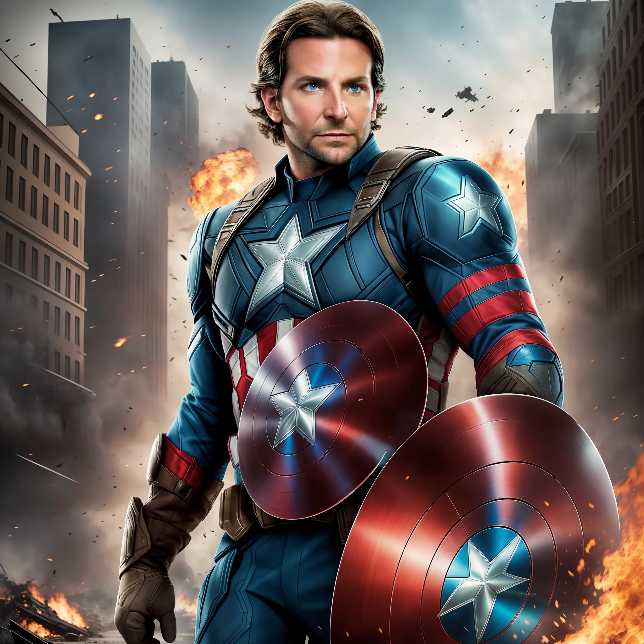 (best quality), super realistic, a cinematic masterpiece, portrait of (Bradley Cooper as Captain America), rugged and handsome, with piercing blue eyes and a strong jawline, sporting Captain America's iconic suit and shield, striking a heroic pose, against a dramatic background of a war-torn city, smoke and debris fill the air, with explosions in the distance, and a sense of danger lurking around every corner. --auto --s2