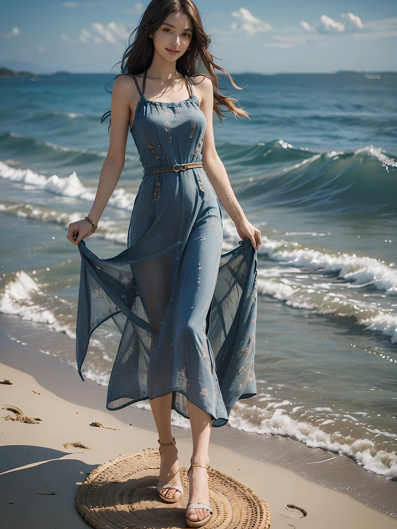 Best quality,masterpiece, ultra high res, (photorealistic:1.4), raw photo,(slender legs),(beautiful hands),1girl,solo,standing,((maxi dress:1.5)),in the dark, deep shadow,(jimmy choo), (floating colorful wind:1) ,(full body),Perfect eyes, perfect face, Beach, sea, smile,low key, Slim figure, ((golden ratio figure)), ((perfect long legs))