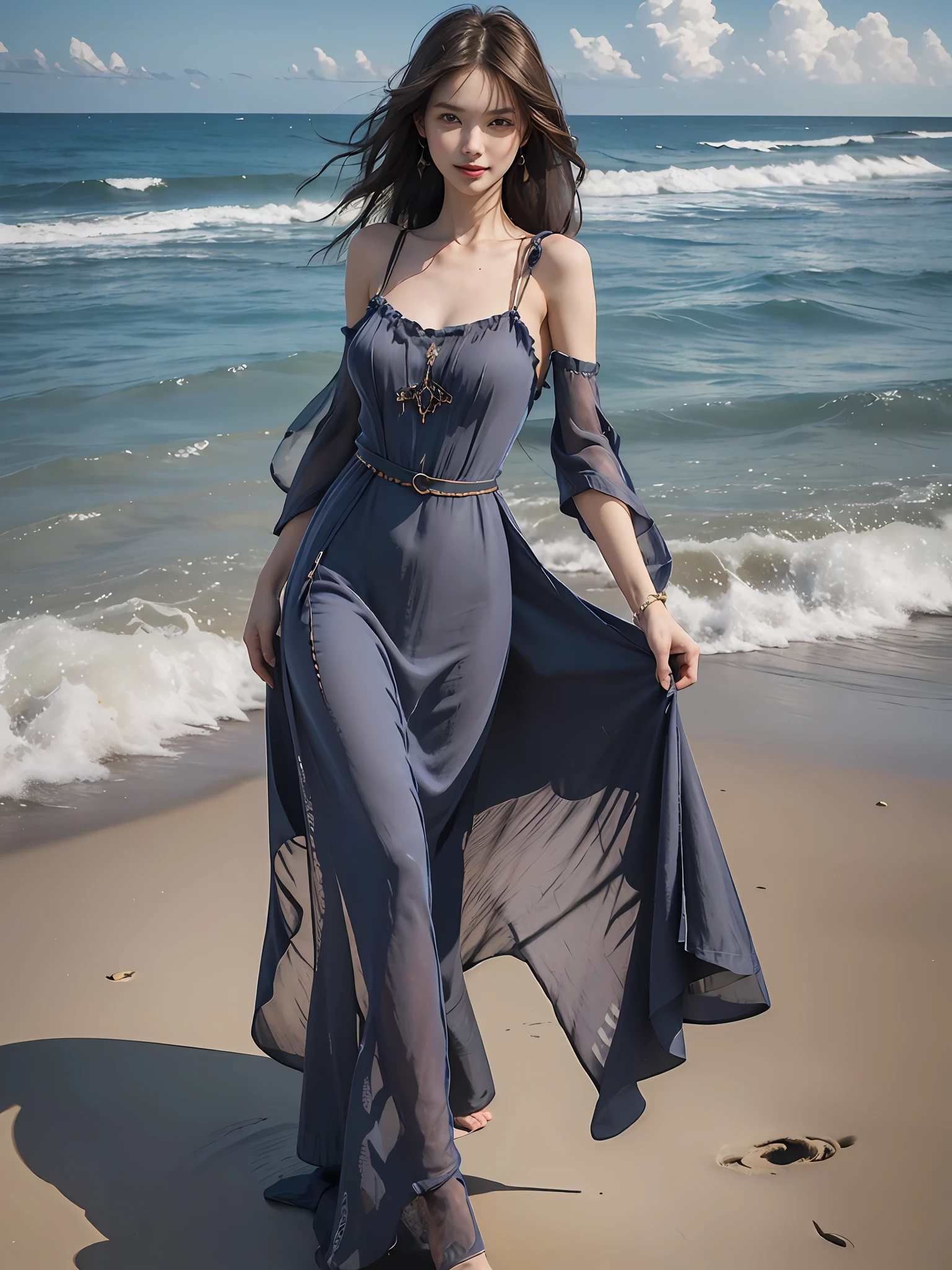 Best quality,masterpiece, ultra high res, (photorealistic:1.4), raw photo,(slender legs),(beautiful hands),1girl,solo,standing,((maxi dress:1.5)),in the dark, deep shadow,(jimmy choo), (floating colorful wind:1) ,(full body),Perfect eyes, perfect face, Beach, sea, smile,low key, Slim figure, ((golden ratio figure)), ((perfect long legs))