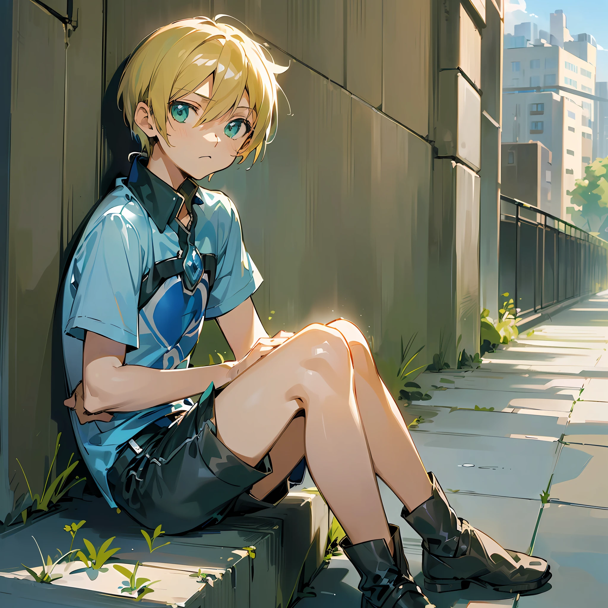 Boy, ((((Eugeo))), Sword Art Online, ((((Very short hair)))), short sidetail, flaxen hair, (((looking to the side)), ((looking into the distance)), , sitting, solo, green eyes, blue t-shirt, shorts, full body, outdoor, city,