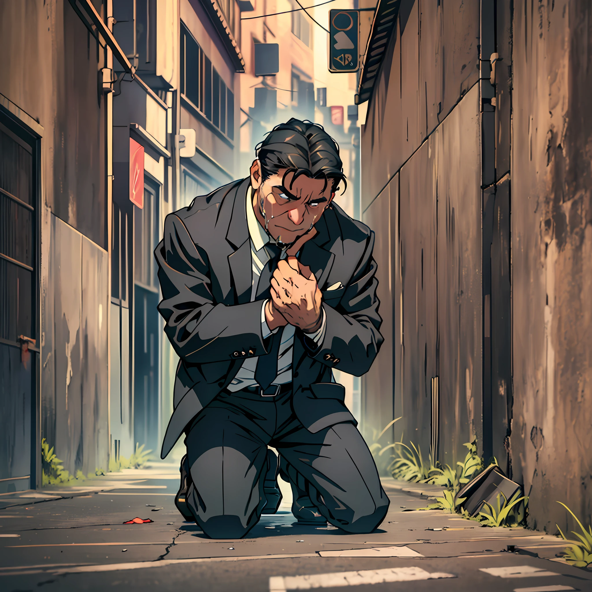 A middle-aged man kneeling on the ground, black suit, bankruptcy, regret expression, street, special effects, sewage underground, crying loudly