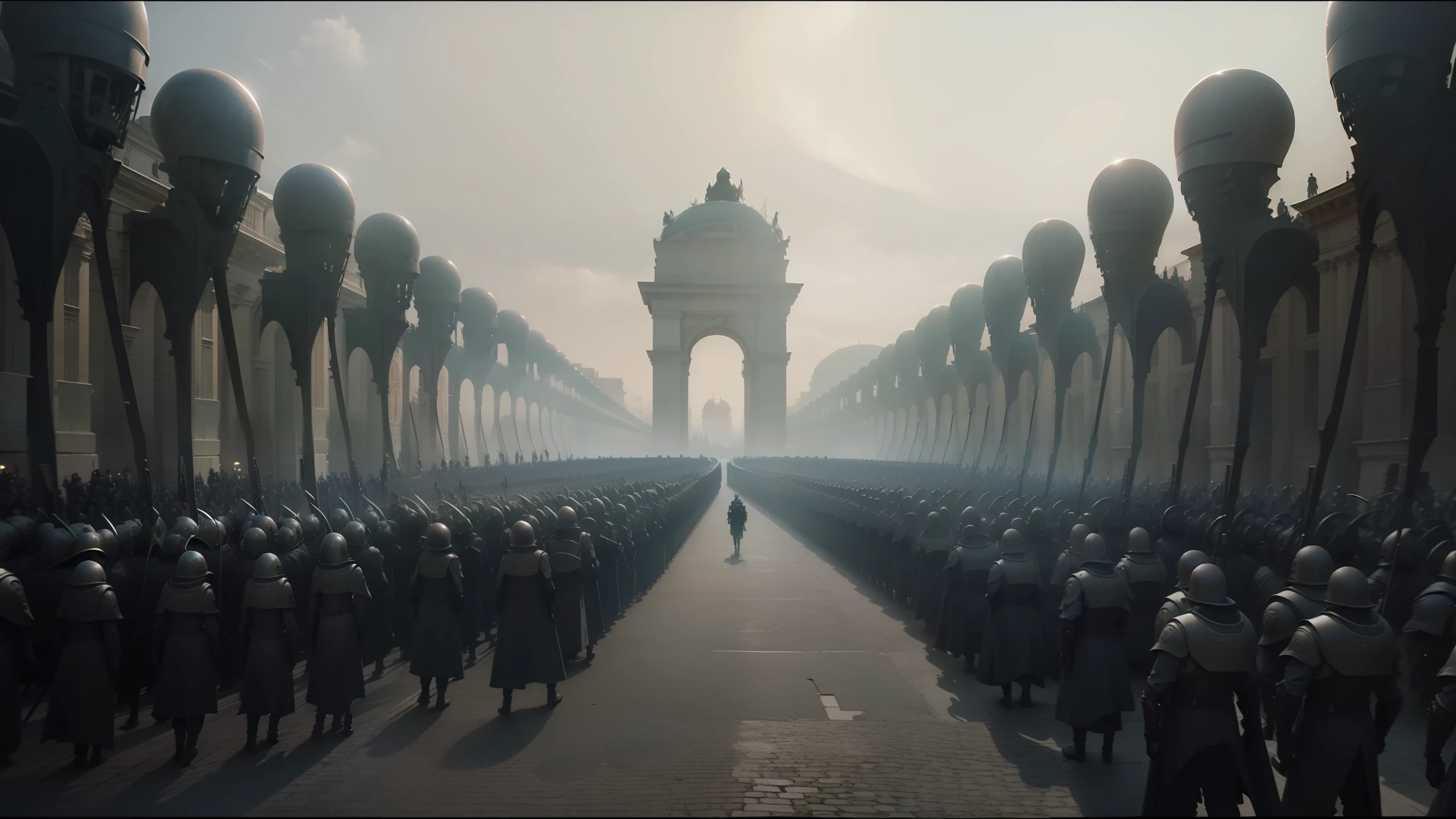 there are many people in a line with helmets on, still from the movie the arrival, nekro xiii, inauguration, giant archways, populated with aliens and people, french features, source engine footage, promotional images, menacing statues, parade, attack on titans, protagonist in foreground --auto --s2