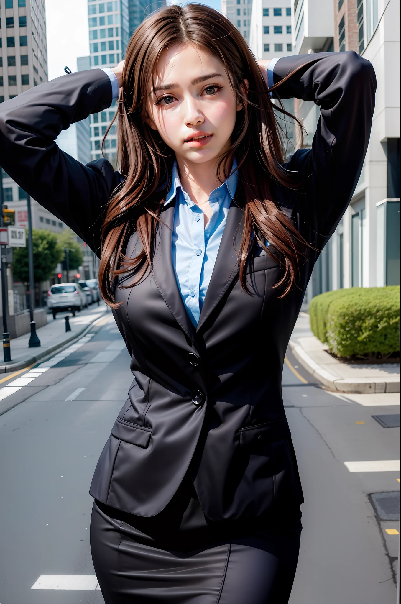 1girl,solo, parted lips, office lady, business suit ,
street,city, arms behind head, looking at viewer, realistic,