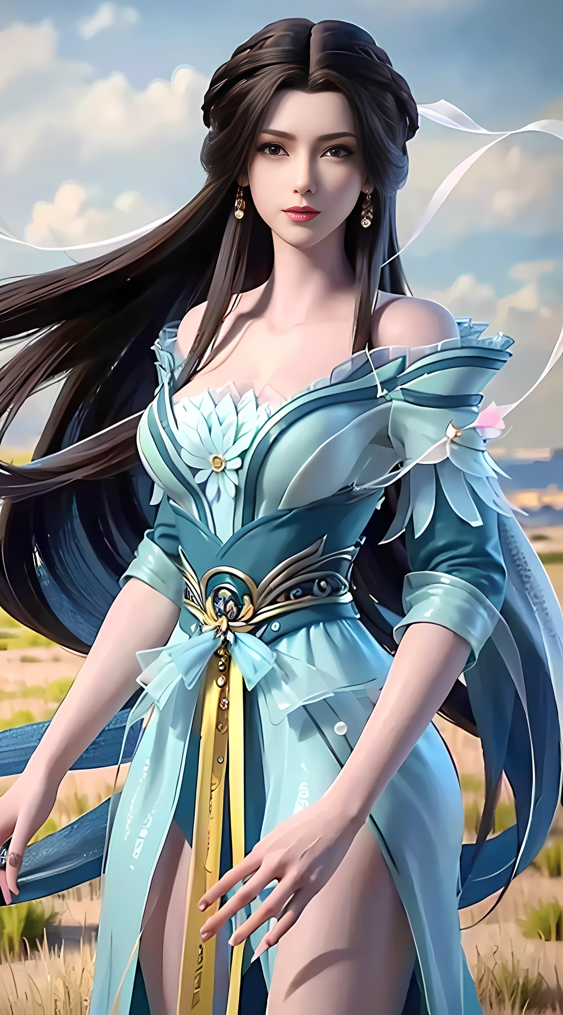 Masterpiece, Superb 16K, 1 Female, Brunette Hair, Off-the-Shoulders, Long Hair, Dress, Denim Photo, Dynamic Pose, Dynamic Angle,