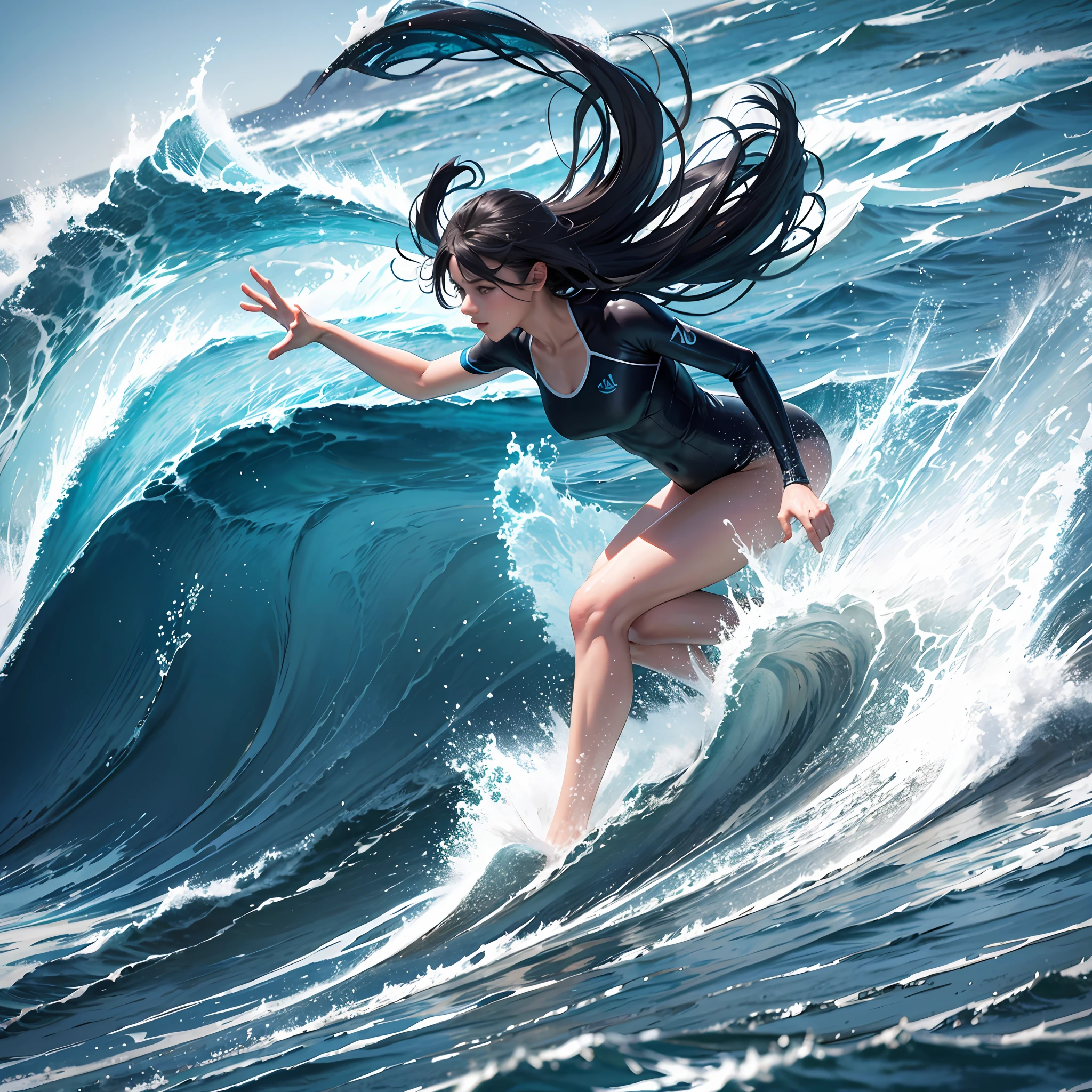 sea, waves, magic hour, slow shutter, wave crest, waves showing through, seawater color is blue, female surfer, black sexy swimsuit --auto --s2