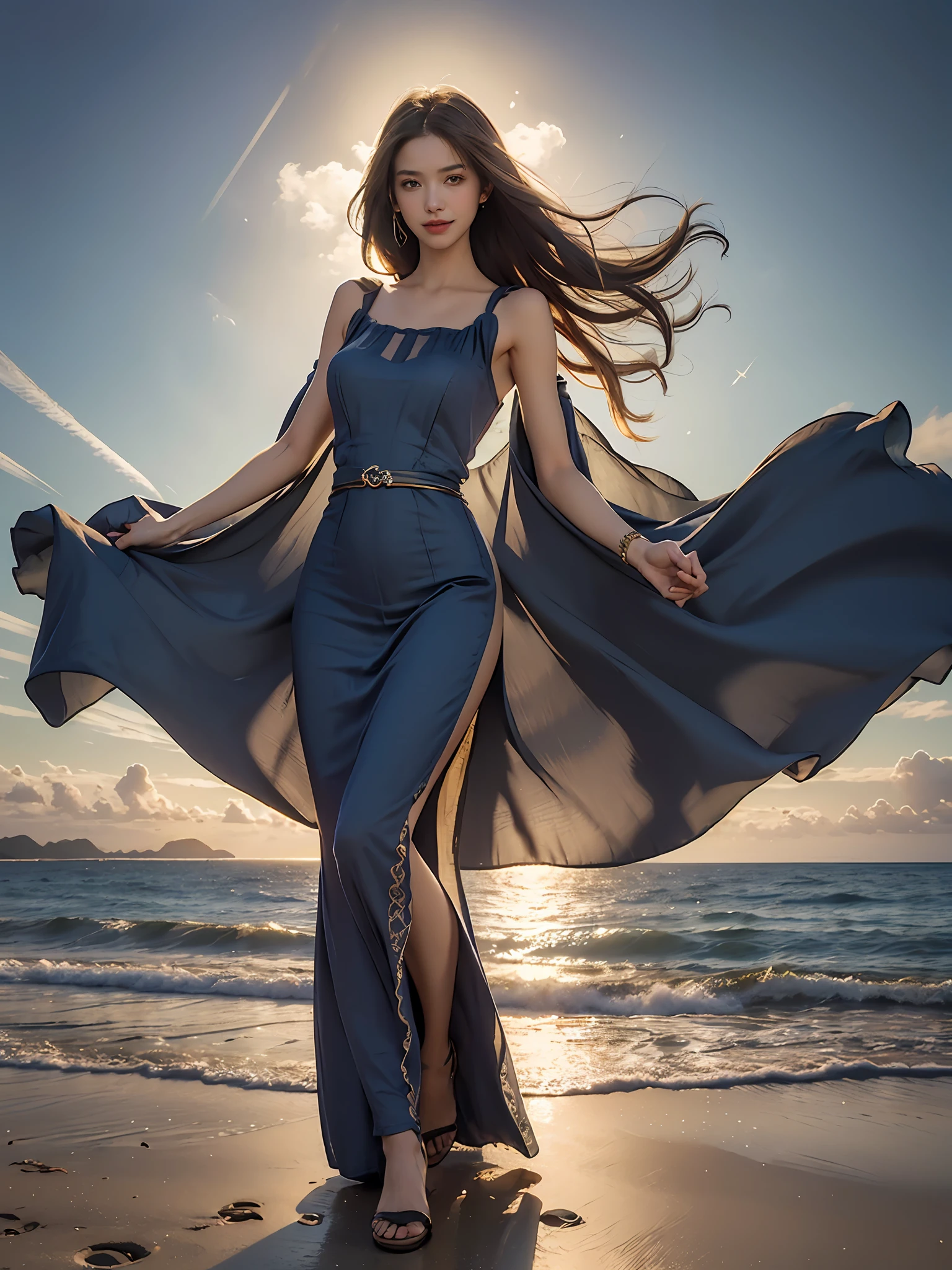 Best quality,masterpiece, ultra high res, (photorealistic:1.4), raw photo,(slender legs),(beautiful hands),1girl,solo,standing,((maxi dress:1.5)),in the dark, deep shadow,(jimmy choo), (floating colorful wind:1) ,(full body),Perfect eyes, perfect face, Beach, sea, smile,low key, Slim figure, ((golden ratio figure)), ((perfect long legs))