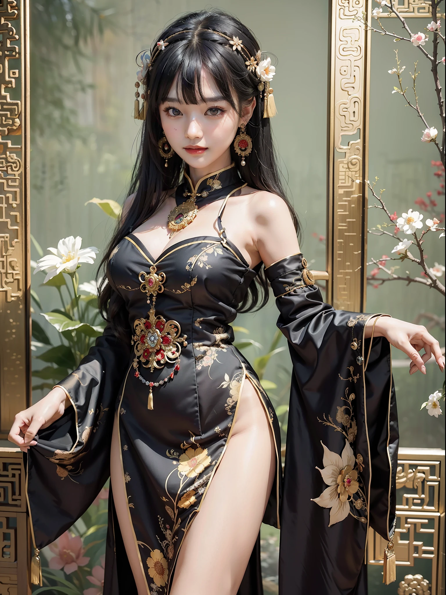 Best quality masterpiece photograph of Chinese girl wearing Qipao dress, ornate headdress, earrings, black hair, fringe cut bangs, hair ornament, jewelry necklace, detailed skin texture, detailed cloth texture, detailed face, super detail, 8k, intricate detail, ancient Chinese background, smiling, full body photo