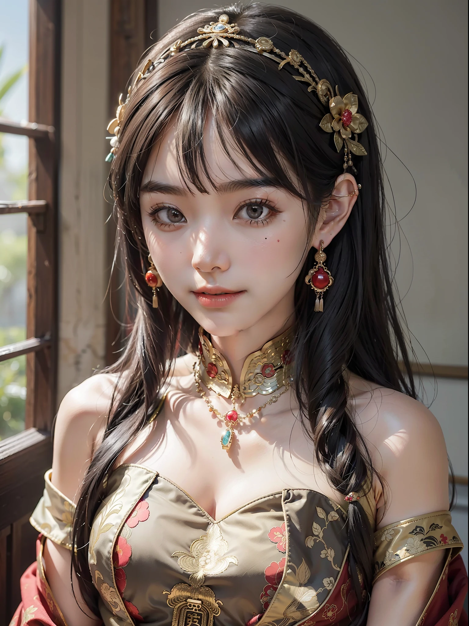 Best quality masterpiece photograph of Chinese girl wearing Qipao dress, ornate headdress, earrings, black hair, fringe cut bangs, hair ornament, jewelry necklace, detailed skin texture, detailed cloth texture, detailed face, super detail, 8k, intricate detail, ancient Chinese background, smiling, full body photo