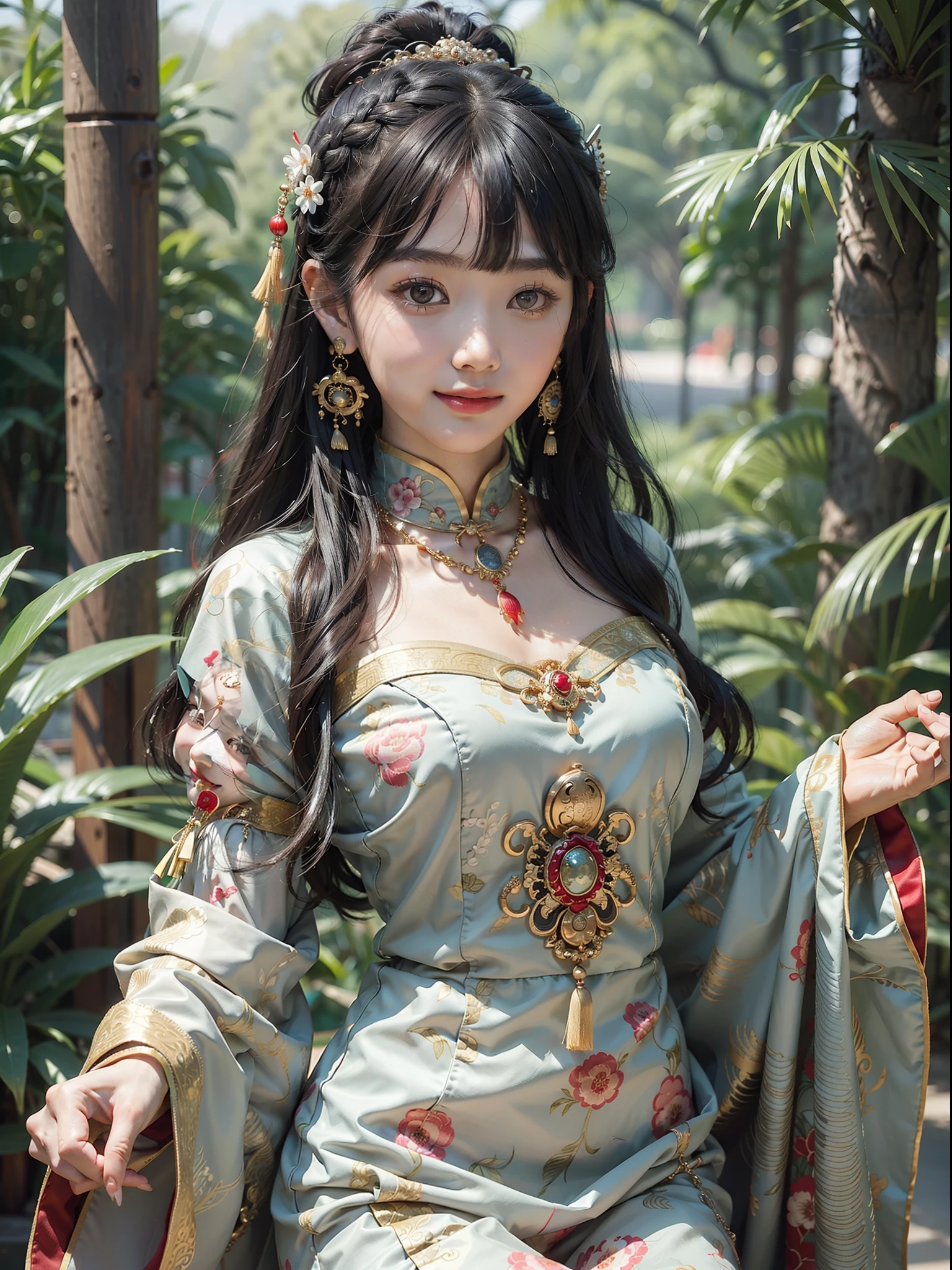 Best quality masterpiece photograph of Chinese girl wearing Qipao dress, ornate headdress, earrings, black hair, fringe cut bangs, hair ornament, jewelry necklace, detailed skin texture, detailed cloth texture, detailed face, super detail, 8k, intricate detail, ancient Chinese background, smiling, full body photo