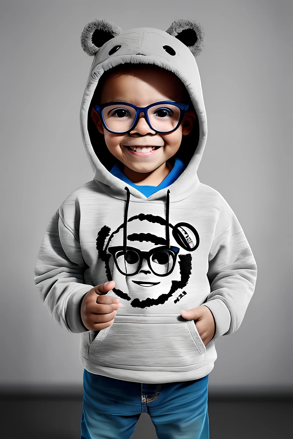Guttonerdvision3, portrait of a happy 3-year-old boy wearing glasses, detailed face and skin, in plush hooded Eskimo clothing, with a hot coffee cup in his hands. The ultra realistic and detailed scene. Drawing with the touch of designer Alex Ross, UHD, depth of field