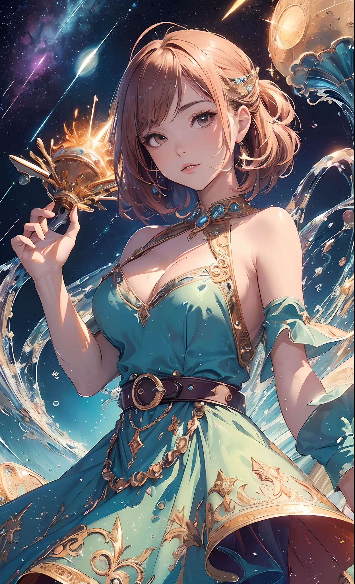 (masterpiece, top quality, best quality, official art, beautiful and aesthetic:1.2), (1 woman:1.3), ((upper body)),extremely detailed,(shimmering water and meteor shower art:1.4),(colorful:1.1),highest detailed, (seductive pose), (abstract background:1.5), (seductive dress and gutar belt:1.4),((cleavage)), (shiny skin), (many colors:1.3)