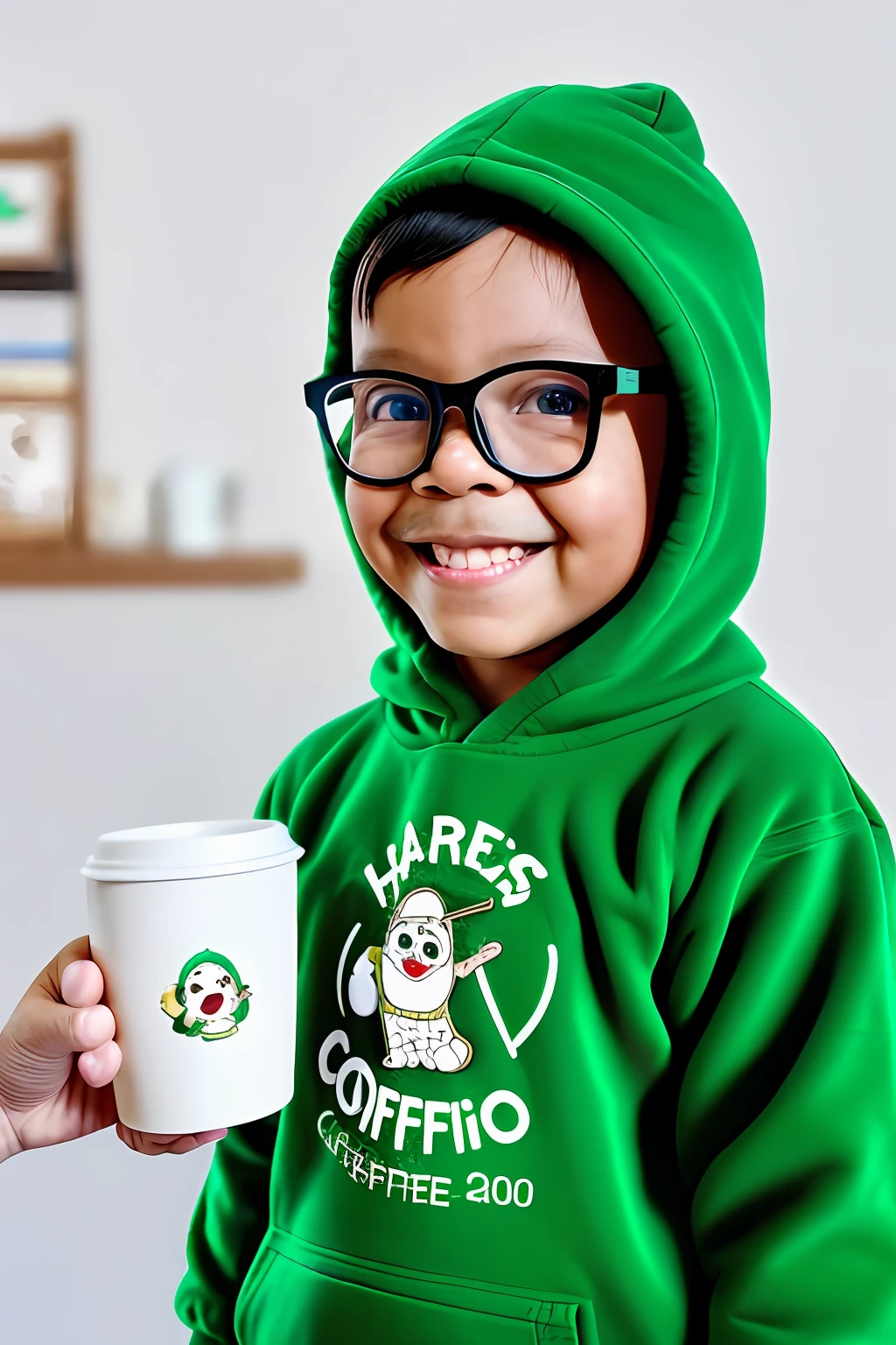 Guttonerdvision3, portrait of a happy 3-year-old boy wearing glasses, detailed face and skin, in plush hooded Eskimo clothing, with a hot coffee cup in his hands. The ultra realistic and detailed scene. Drawing with the touch of designer Alex Ross, UHD, depth of field