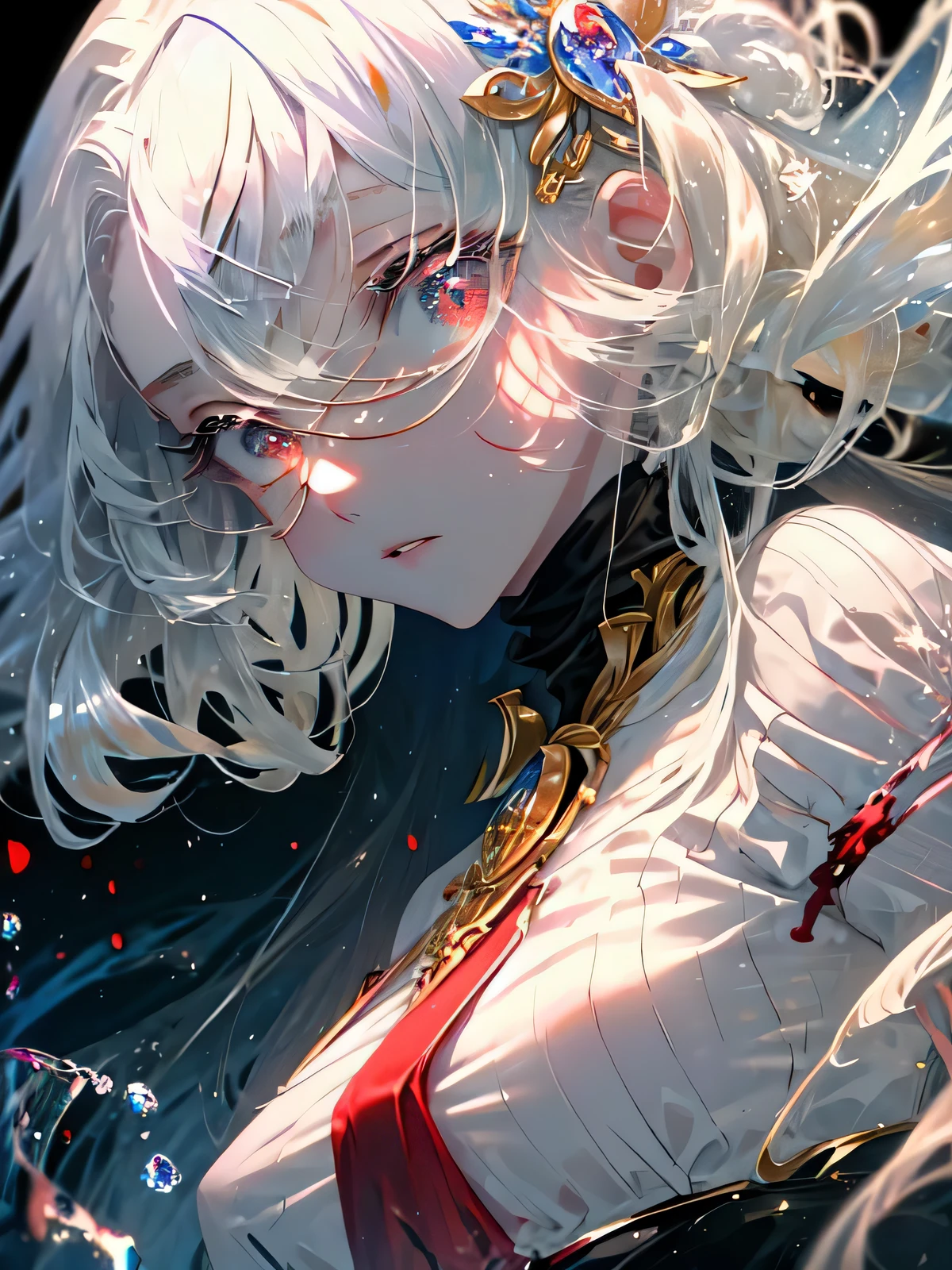 ((masterpiece,best quality)),beautiful detailed eyes, detailed face, 1girl,white long hair, red eyes, small sized breasts,looks at the viewer, blood on the face, (black background:1.2), bloody particles, full body,