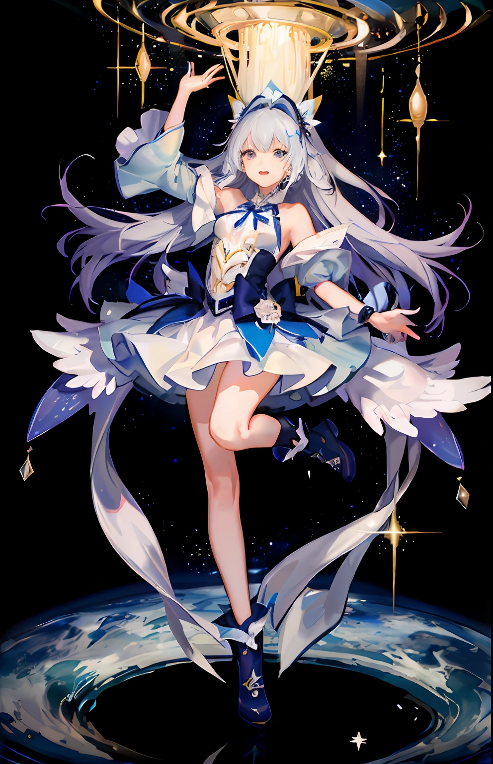 girl 1 person, from above, space, satellite, running pose, anime