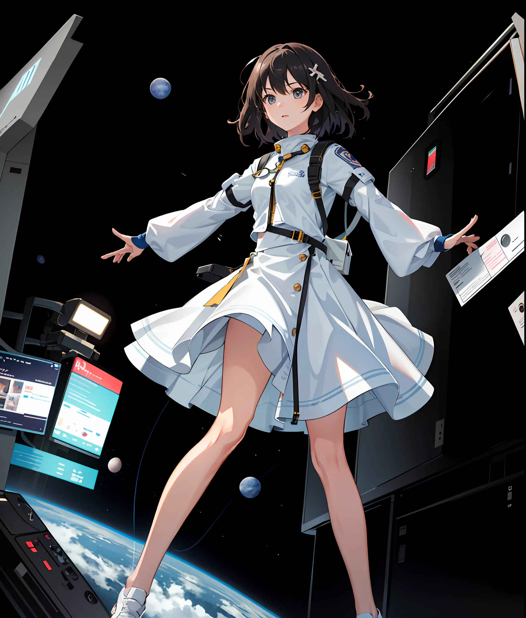 High resolution, ultra detail, girl single person, from top, space, satellite, running pose, wide angle lens distortion