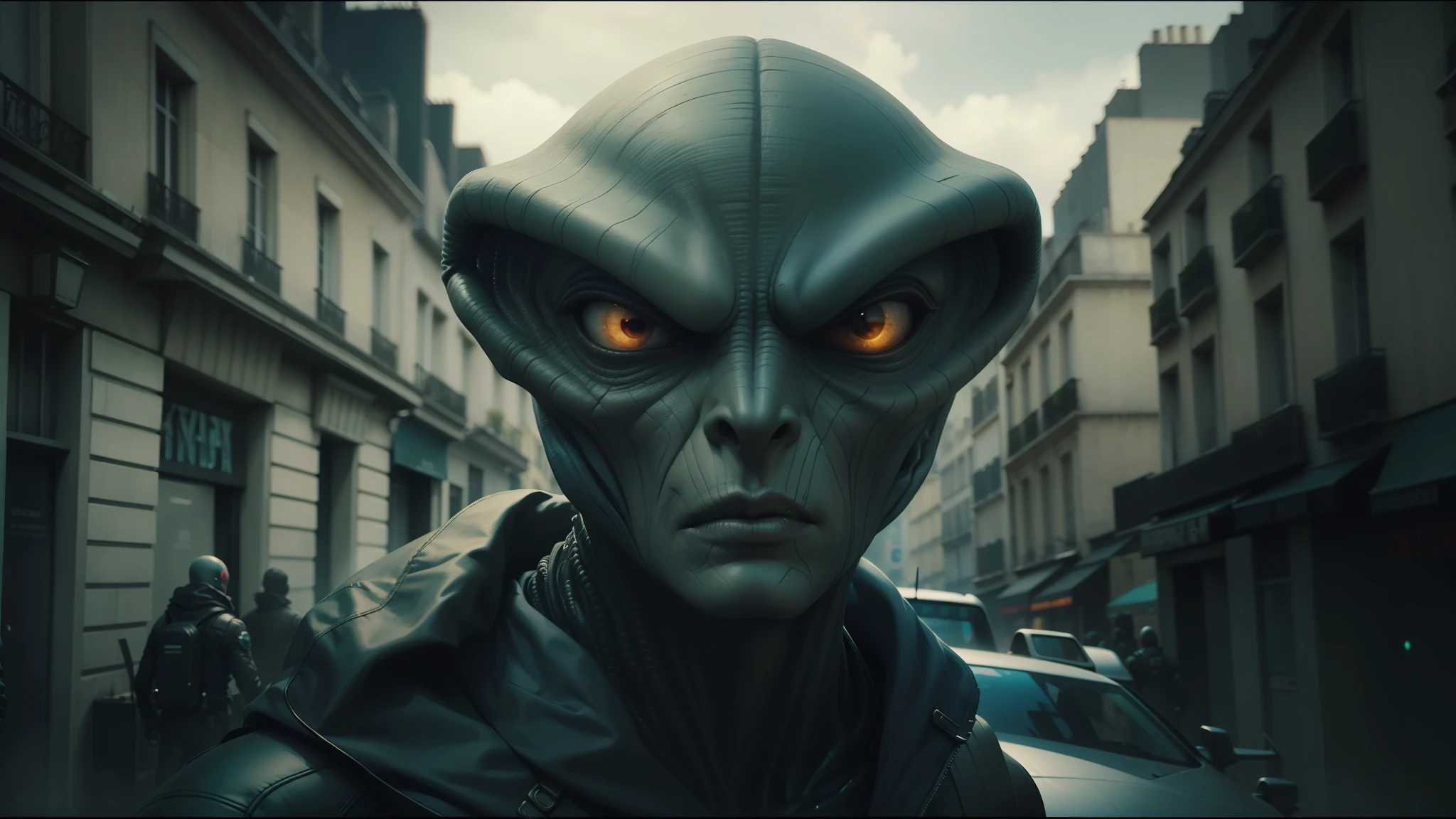 a close up of a person wearing a alien face mask, cinematic effects vfx, cinematic paris, aliens in the background, interesting character design, nomad, still frame from a movie, sectoid, french comic art, syndicate(2012), abduction, paris, after effects --auto --s2