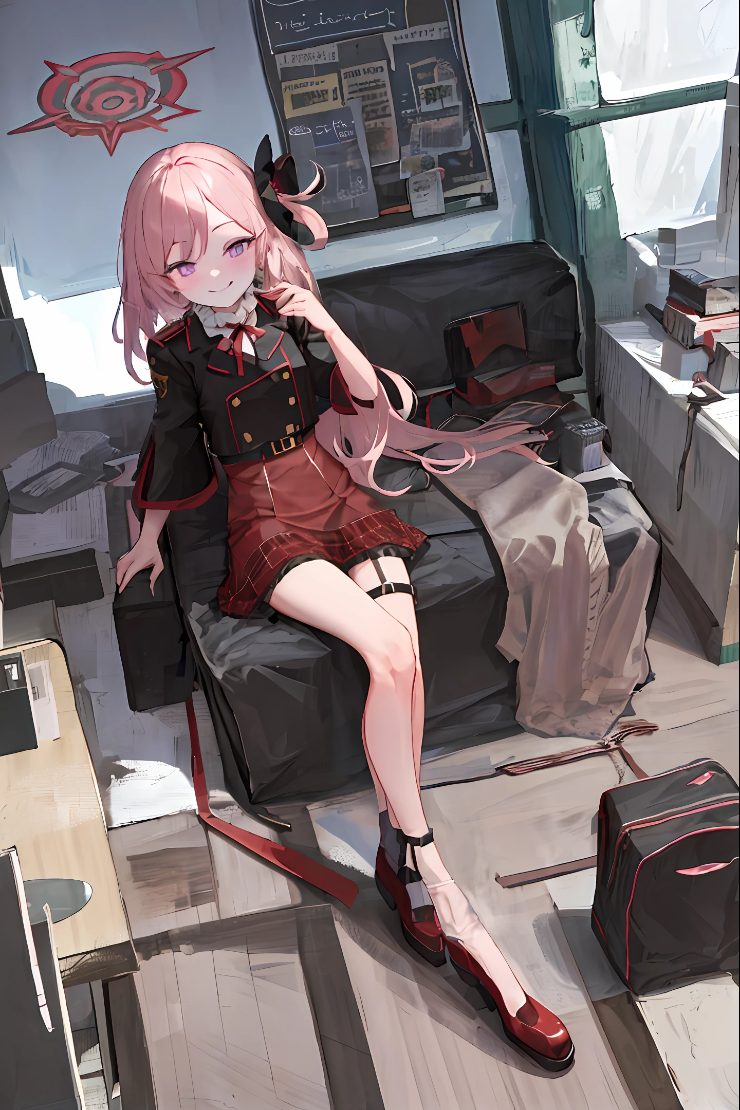 Sexy beauty, black jk uniform, purple miniskirt, light clothing, sexy, sexy, sexy, seductive, blushing face, fair skin, standing painting, full body, gorgeous light and shadow, 8k, fine hair, transparent fabric, long pink hair, full body, handheld hair, high heels, (hand details), (leg details), (leg details), pupils, floor-to-ceiling windows, hands supporting windows, standing unsteadily, high heels