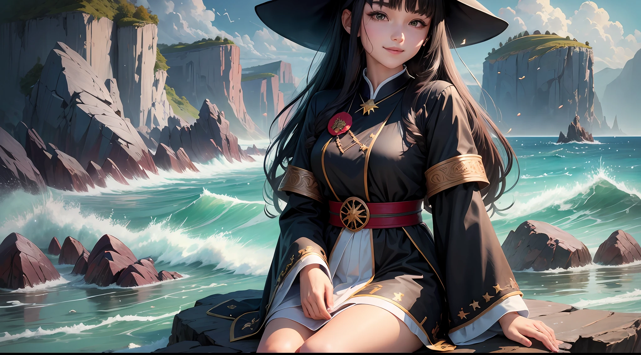 Franmajono Tavitabi, 1 girl, high school woman, open eyes, playing the piano,blue eyes, smile, bangs covering one eye, sea, open mouth, happy, star brooch, red ribbon, upper body, sitting on rocks, black hair, long hair, black witch robe, white shirt, witch hat with star decoration, mature woman, impressionism, chromatic aberration, pastel, black robe, real world place, cliff, coast, chinese background, Bust Up,Autumn, Sunlight, Mottled Sunlight, Teacher, --auto --s2