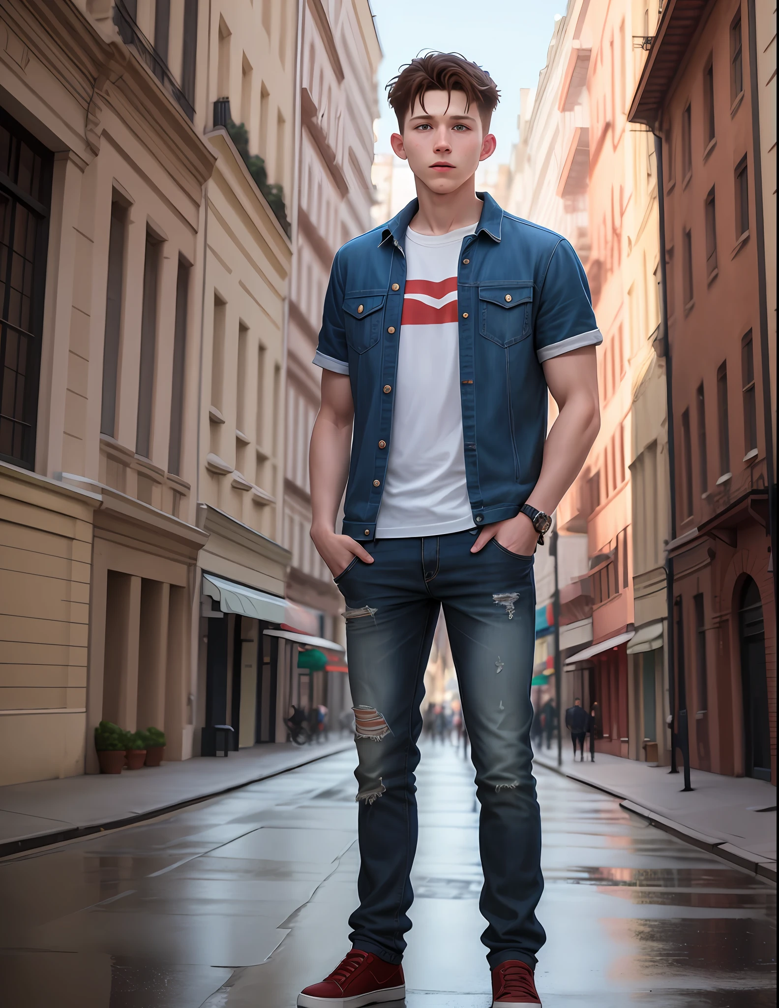 Tom Holland, 3d, realistic, straight standing, casual dress, taller, full body