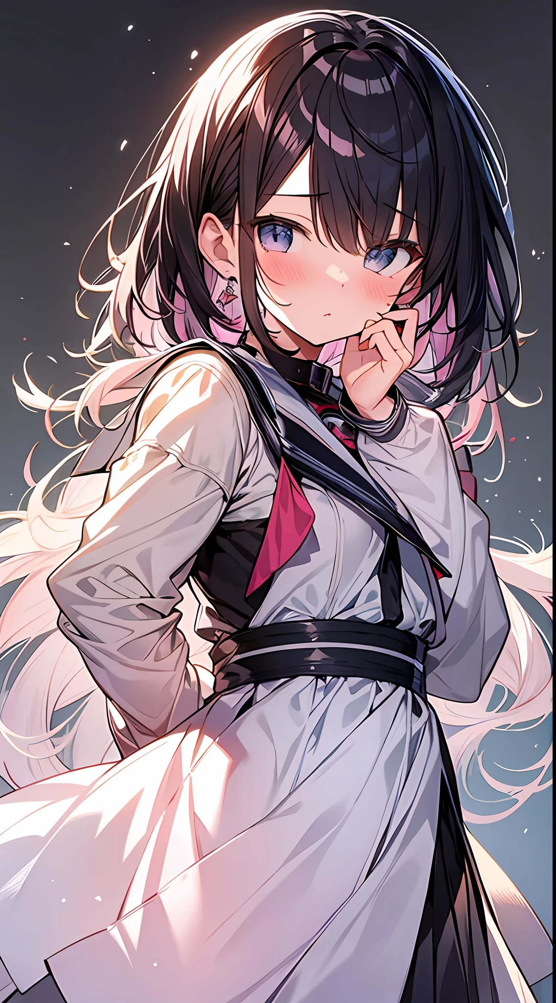 Top Quality, Masterpiece, High Resolution, 8k, Pastel Colors, Anime Style Girl, Light Clothing, One Girl, (Covered One's Cheek with One's Hands): 1.4, Blush, Detailed Line Art, Bright White and Bright Amber Style, Digital Enhancement, Anime Core, Flowing Fabric, Close Up, Hair Length and Short Braids to Shoulder Opening, Beautiful Black Hair, Bust-up