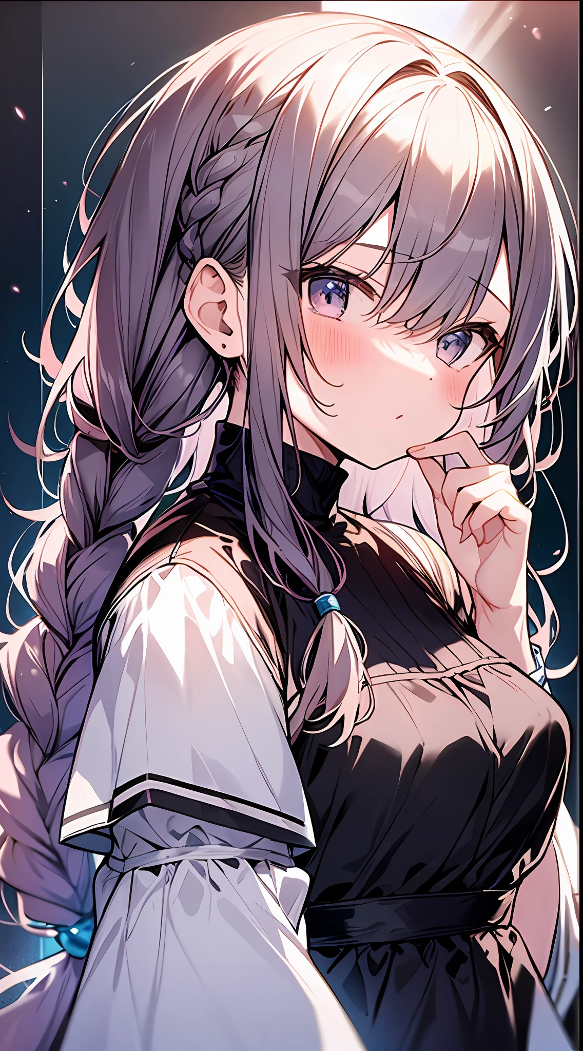 Top Quality, Masterpiece, High Resolution, 8k, Pastel Colors, Anime Style Girl, Light Clothing, One Girl, (Covered One's Cheek with One's Hands): 1.4, Blush, Detailed Line Art, Bright White and Bright Amber Style, Digital Enhancement, Anime Core, Flowing Fabric, Close Up, Hair Length and Short Braids to Shoulder Opening, Beautiful Black Hair, Bust-up