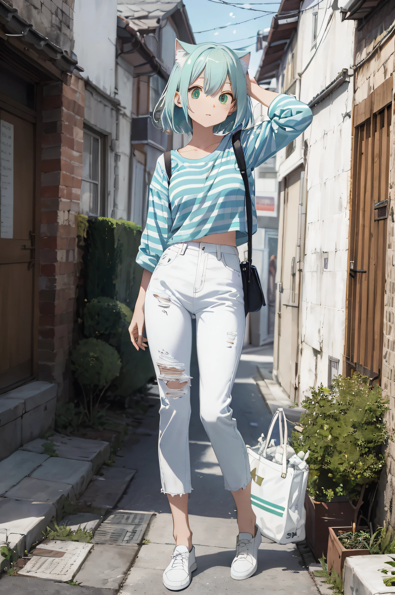 Cat-eared woman, Alaf in striped shirt and white pants with transparent bag, baggy jeans, cropped wide sleeves, sea - green and white clothes, put on and take off - white style, bag at waist, white pants, wearing cropped top, full body :: sunny weather ::, wearing a pretty shirt and jeans, striped shirt, Julia Razmova style