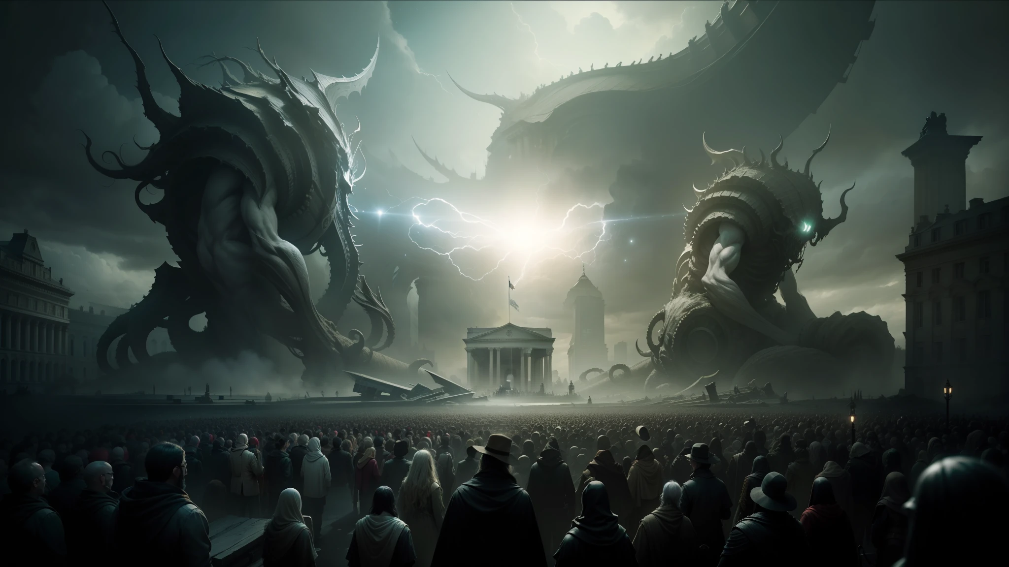 there are many people standing in a large crowd watching a movie, cosmic horror concept art, in screenshot from the 300 movie, inspired by István Orosz, fallen columns, gigantic cthulhu, the white house, with dark trees in foreground, illuminated orbs, dark imagery, neo-classical composition, inauguration, photobash, vecna, promotional images --auto --s2