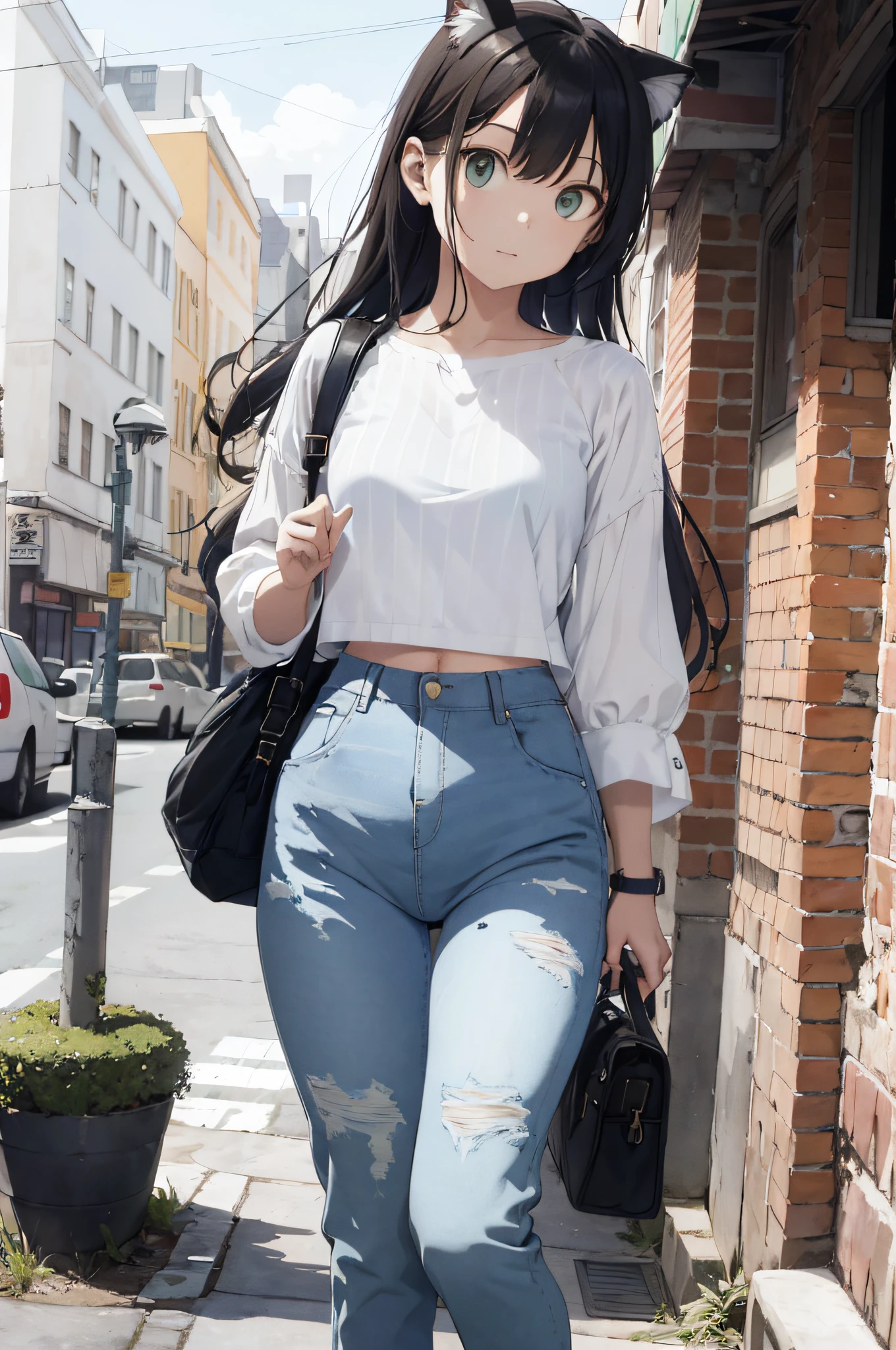 Cat-eared woman, Alaf in striped shirt and white pants with transparent bag, baggy jeans, cropped wide sleeves, sea - green and white clothes, put on and take off - white style, bag at waist, white pants, wearing cropped top, full body :: sunny weather ::, wearing a pretty shirt and jeans, striped shirt, Julia Razmova style