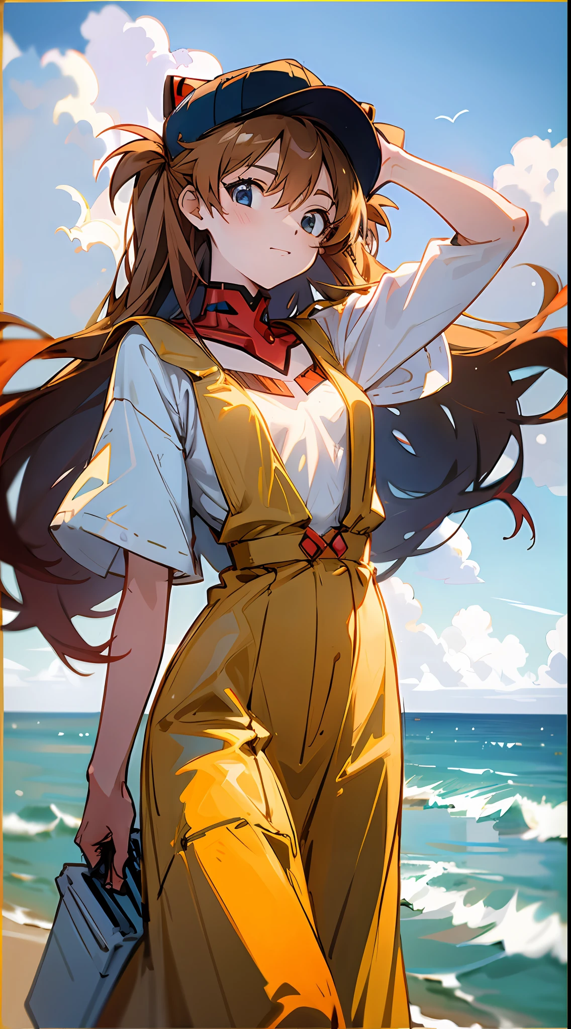 Asuka, 1 girl, pier, yellow long dress, ocean, blue sky, white clouds, seagull, 8k, best quality, proud expression
