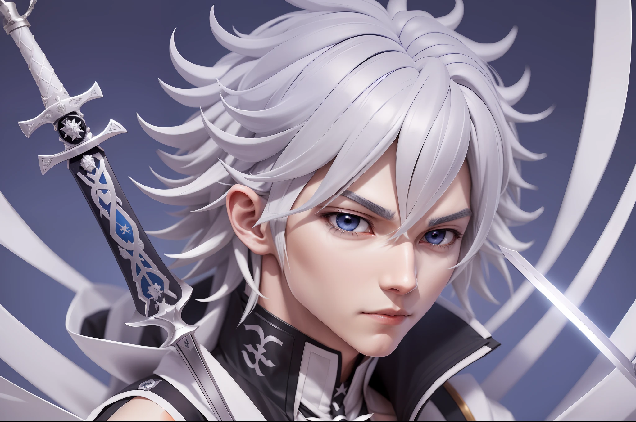 a close up of a person with white hair and a sword, nagito komaeda, inspired by Okumura Togyu, he has dark grey hairs, a silver haired mad, tall anime guy with blue eyes, inspired by Okumura Masanobu, young anime man, male anime character, nagito komaeda from danganronpa