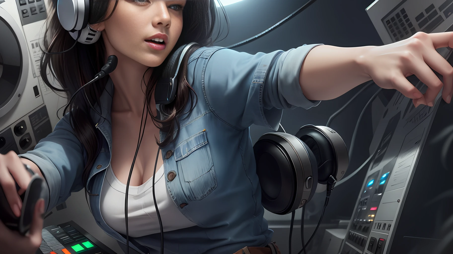 Beautiful woman dark hair, faded jeans ultra detailed,facing an ultra modern soundboard full of colored leds v us in record studio with headphones in her ear she singing, looking at kodak camera ultra her music is beautiful soft behaved, professional cinema lighting