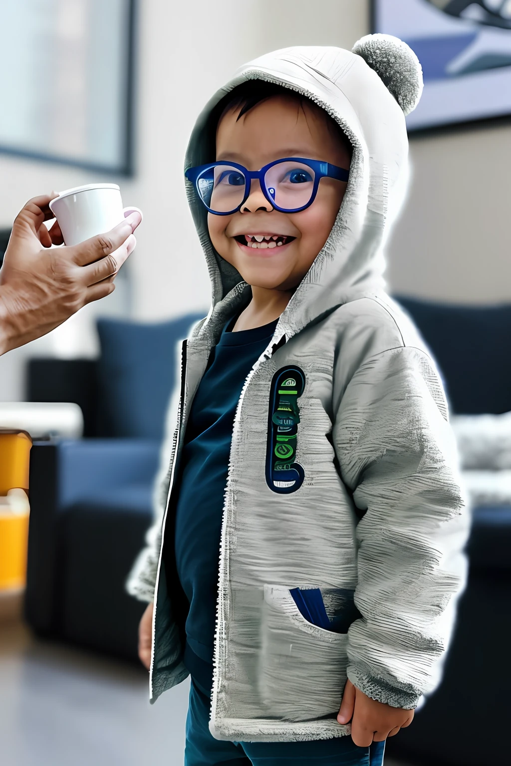 GuttonerdVision3, portrait of a happy 3-year-old boy wearing detailed glasses, face and skin, in plush hooded Eskimo clothing, with a hot cup of coffee in his hands.  The ultra realistic and detailed scene. Drawing with the touch of designer Alex Ross, UHD, depth of field