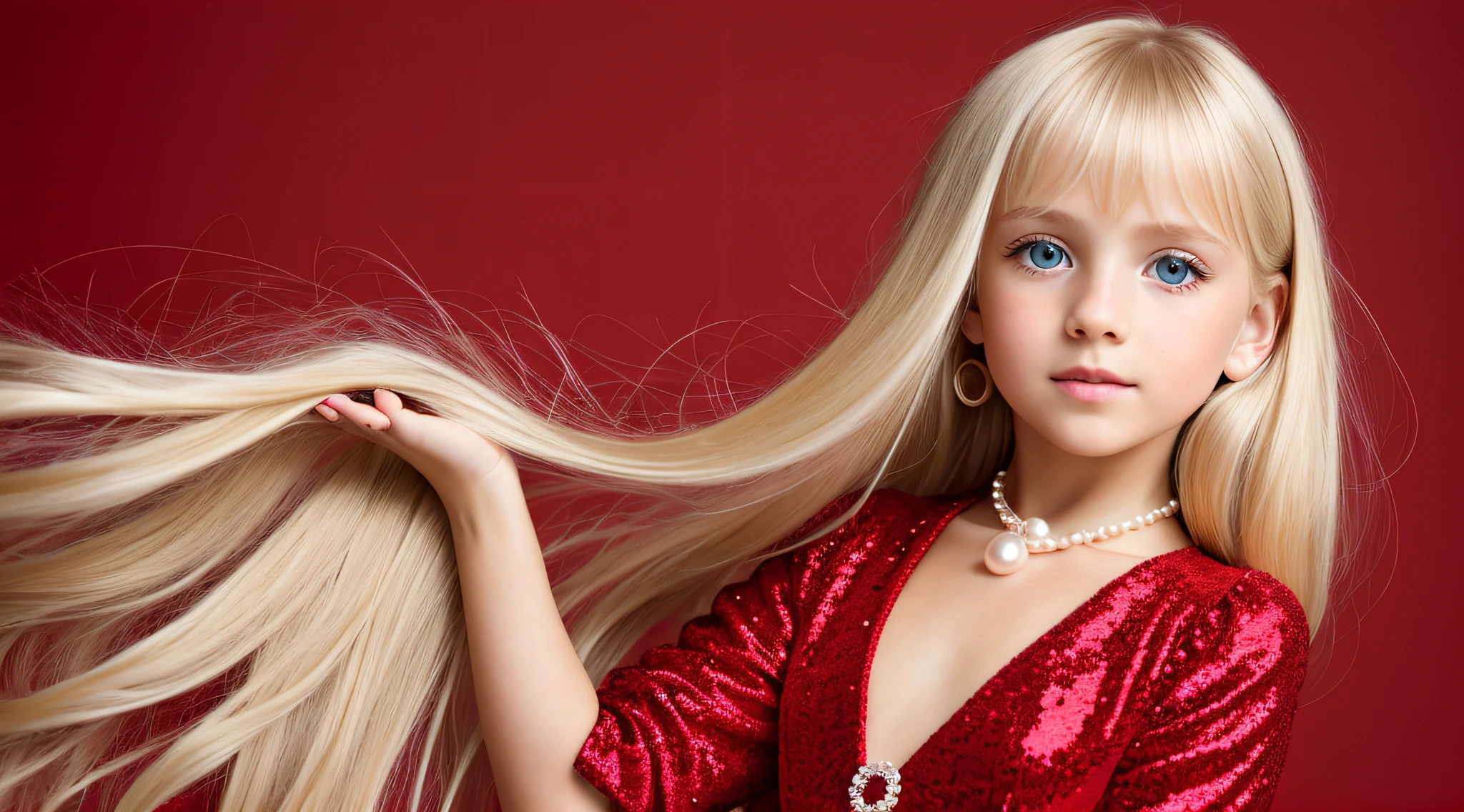  BLONDE girl, golden eyes, platinum haired girl, pearl brooch in hair, RED BACKGROUND.