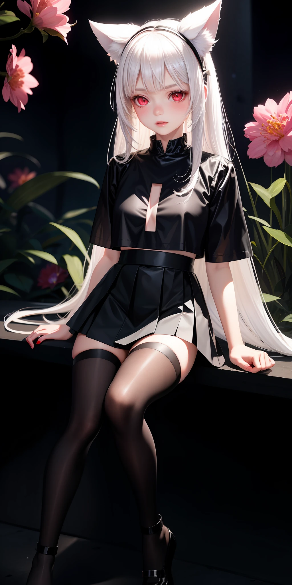 Realistic, 1girl, white hair, animal ears, 14 year old loli, red eyes, glowing eyes, cropped top, skirt, parted lips, blush, night, flowers, black stockings, soles, transparent shirt