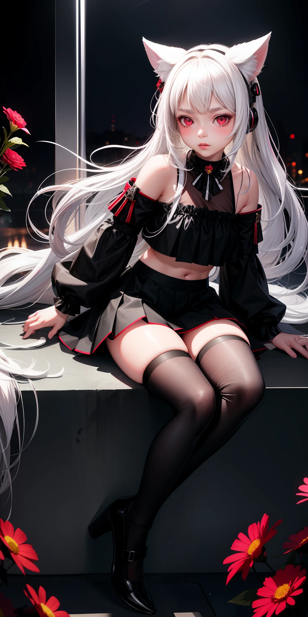 Realistic, 1girl, white hair, animal ears, 14 year old loli, red eyes, glowing eyes, cropped top, skirt, parted lips, blush, night, flowers, black stockings, soles, transparent shirt
