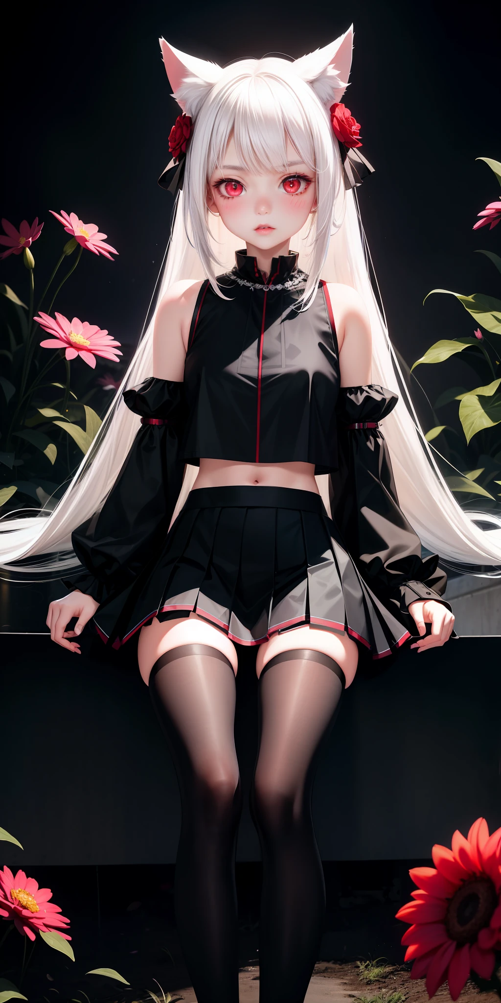 Realistic, 1girl, white hair, animal ears, li, red eyes, glowing eyes, cropped top, skirt, parted lips, blush, night, flowers, black stockings, soles, transparent shirt