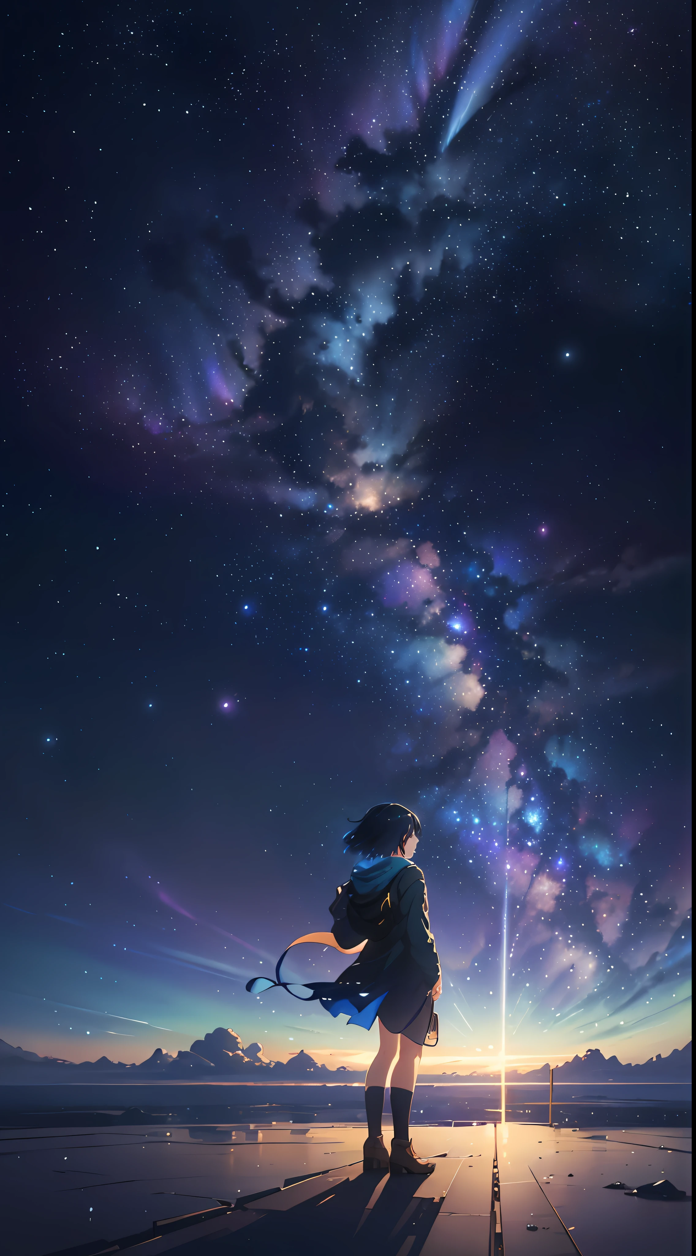 Ultra HD, 8K, Starry Sky, Universe, Night, Aurora, Makoto Shinkai's concept art, Tumblr, Magical Realism, Beautiful Anime Scene, Cosmic Sky. by Makoto Shinkai, ( ( ( Makoto Shinkai ) ), anime background art, anime background, Makoto Shinkai style, anime movie background, galaxy express, no humans. --s4