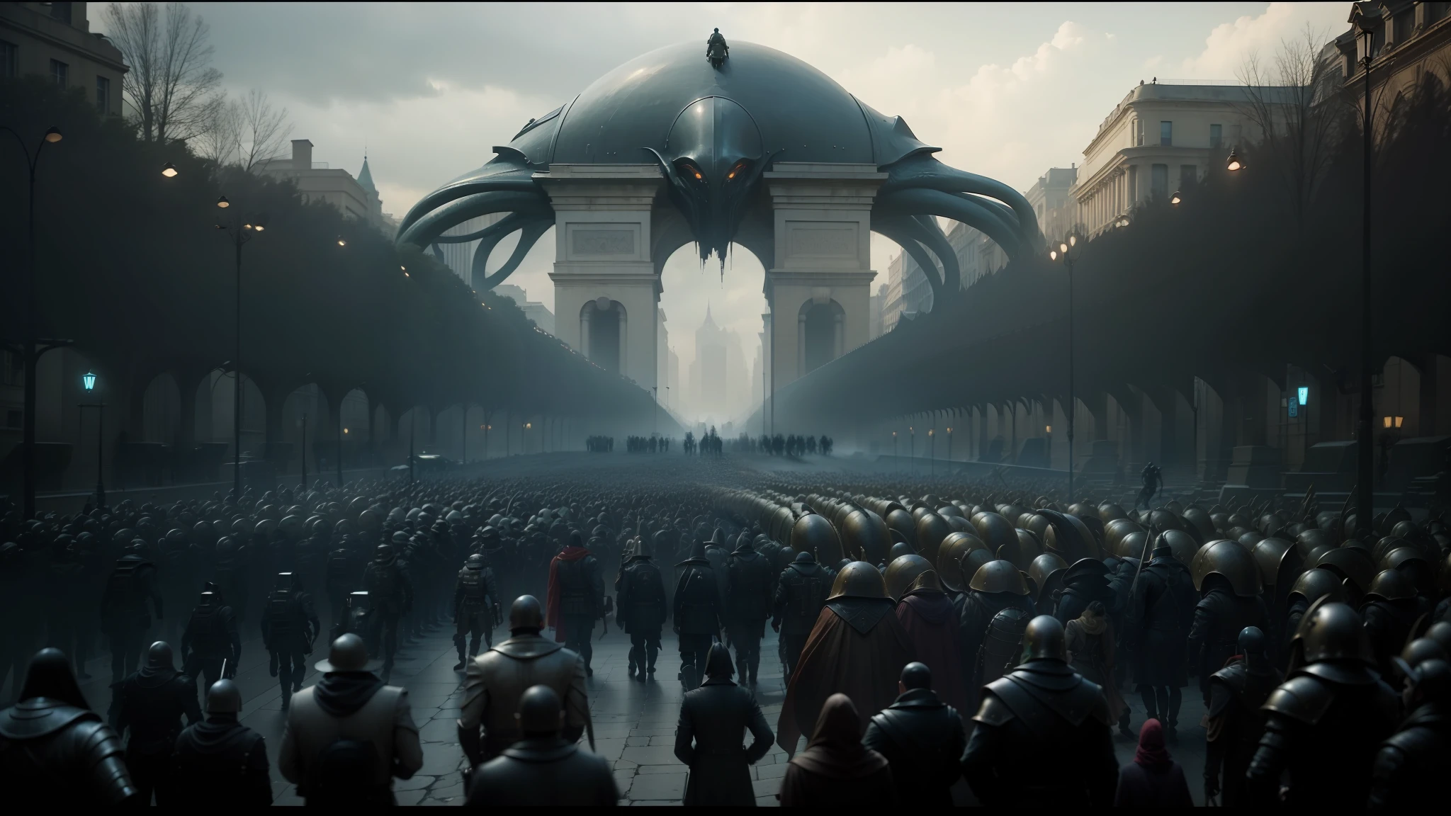 there are many people walking down the street in front of a giant alien, in metal hurlant, inspired by Adolf Fényes, in screenshot from the 300 movie, many tentacles, inspired by Louis-Léopold Boilly, large gate, neobrutalist architecture, barriers --auto --s2